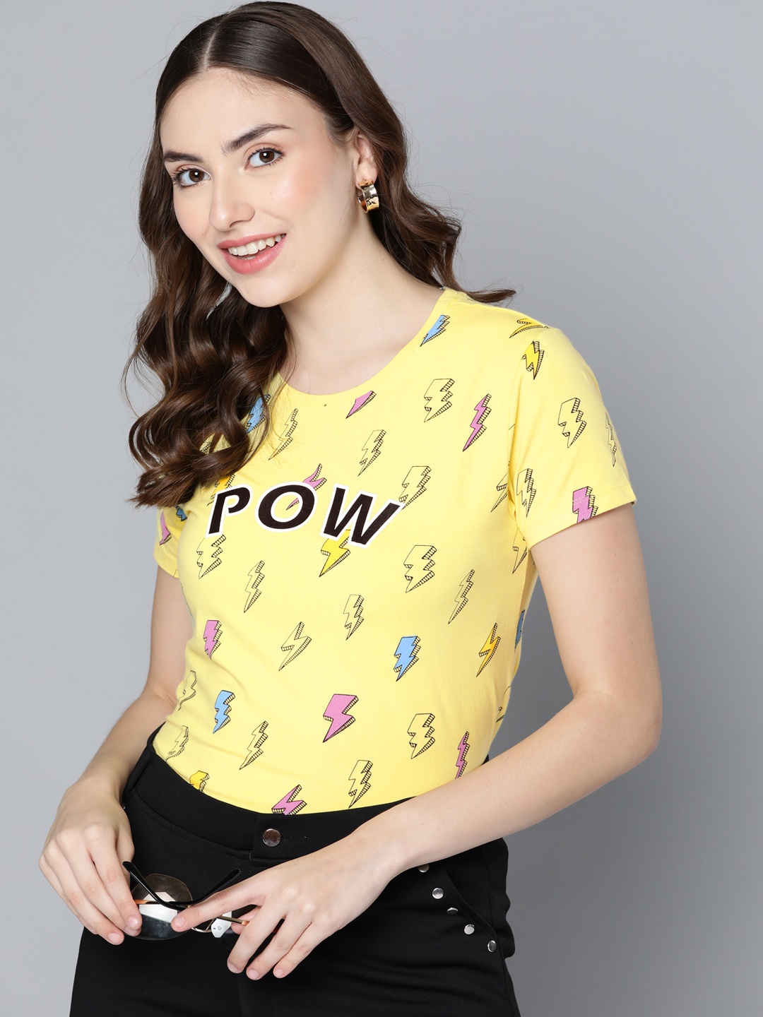 

HERE&NOW Women Yellow & Black Printed T-shirt