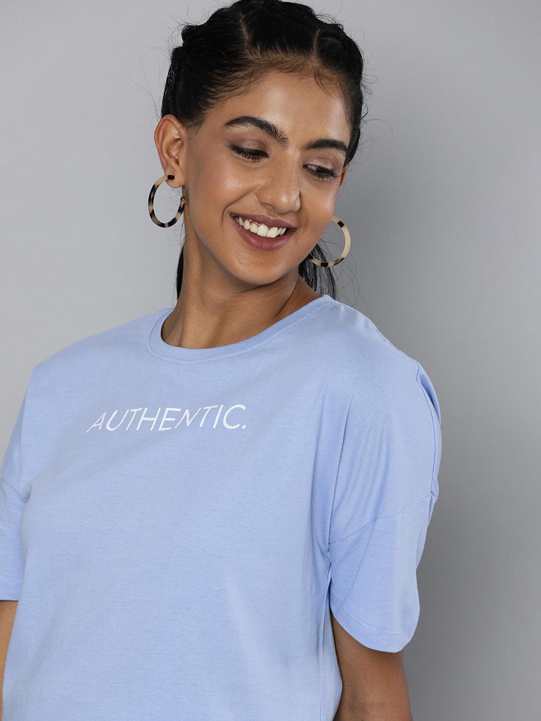 

HERE&NOW Women Blue & White Typography Printed Pure Cotton T-shirt
