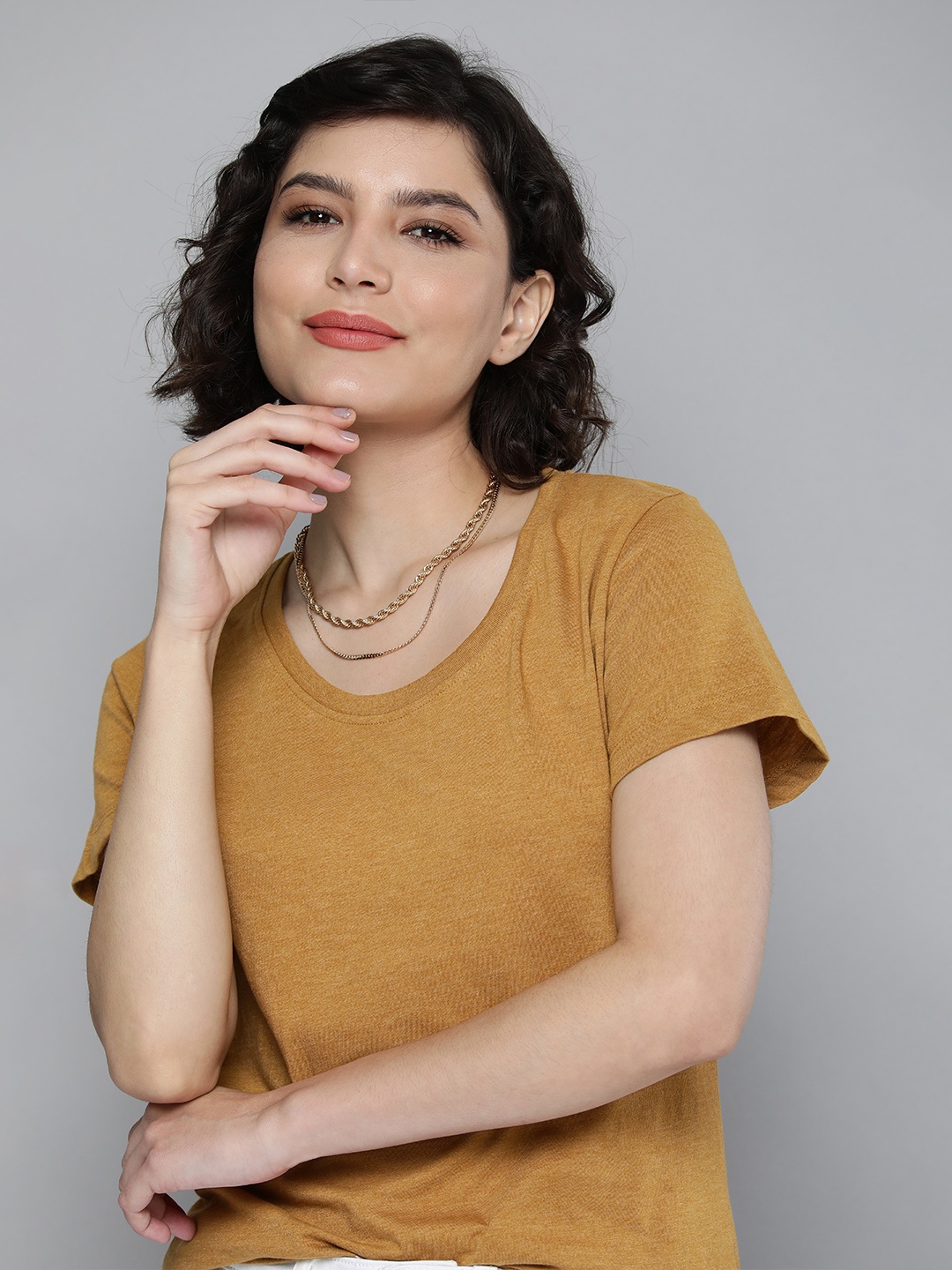 

HERE&NOW Women Mustard Yellow Solid Round-Neck Casual T-shirt