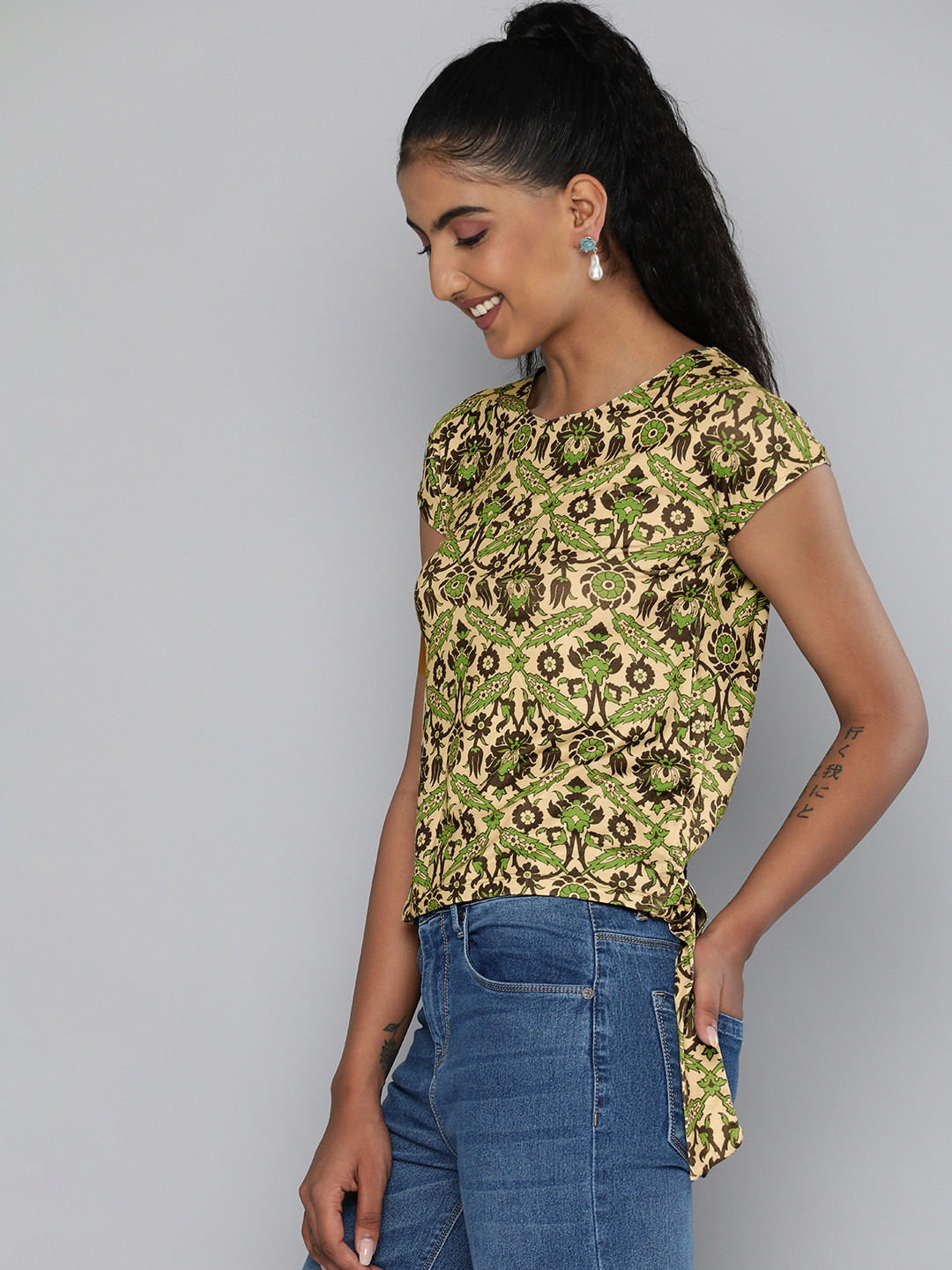 

HERE&NOW Women Beige & Green Ethnic Printed Regular Top