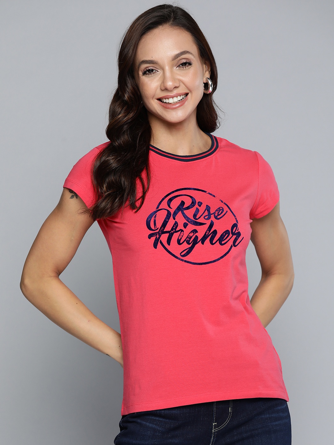 

HERE&NOW Women Pink & Navy Blue Typography Printed T-shirt