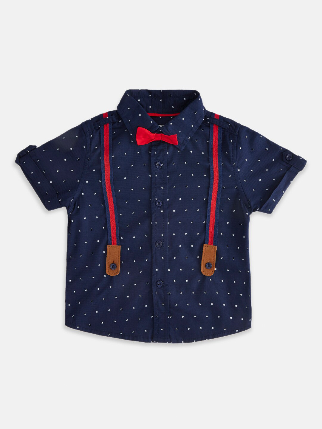 

Pantaloons Baby Boys Navy Blue Printed Cotton Casual Shirt with Suspenders