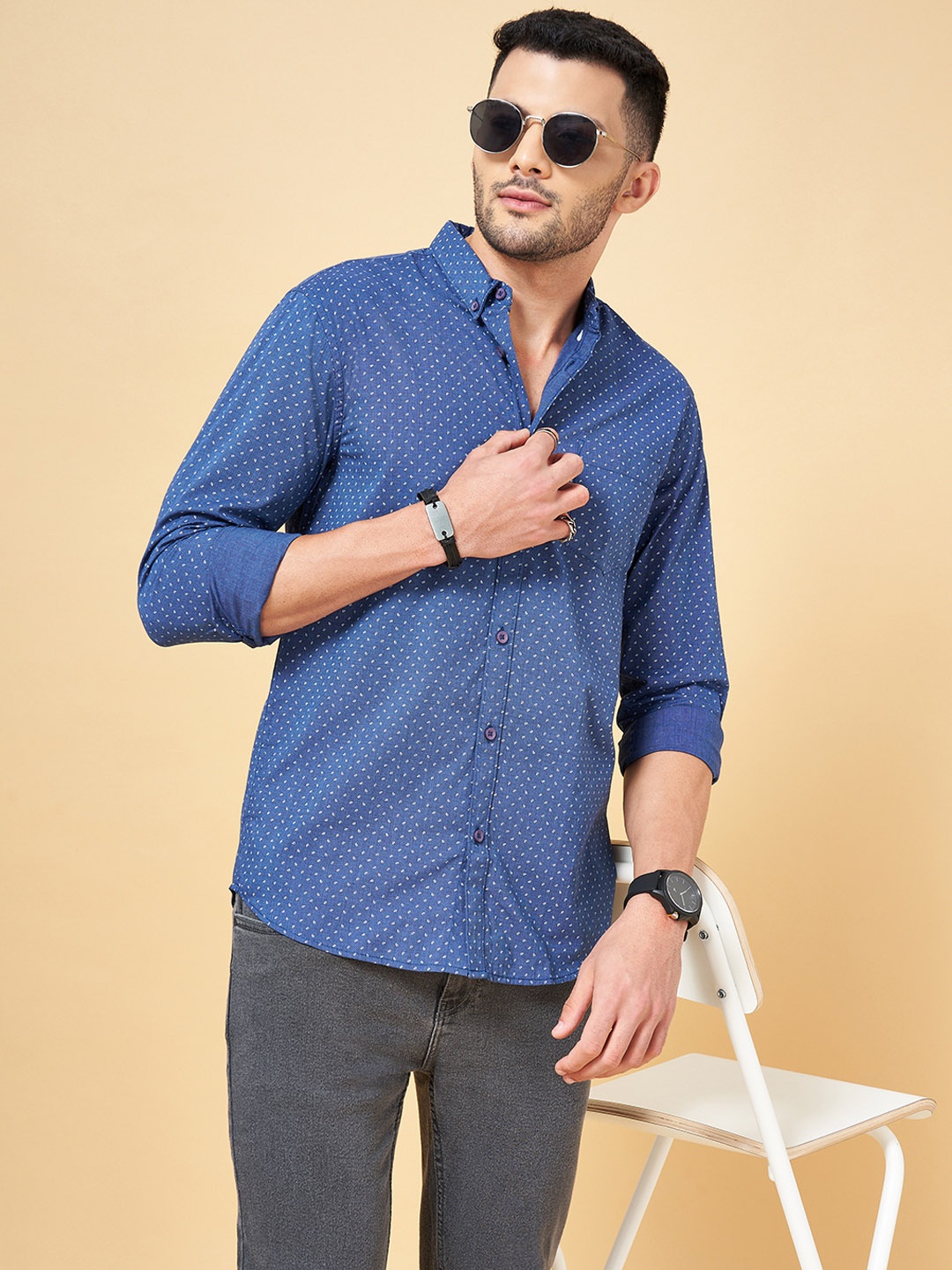 

People Men Navy Blue Slim Fit Printed Cotton Casual Shirt