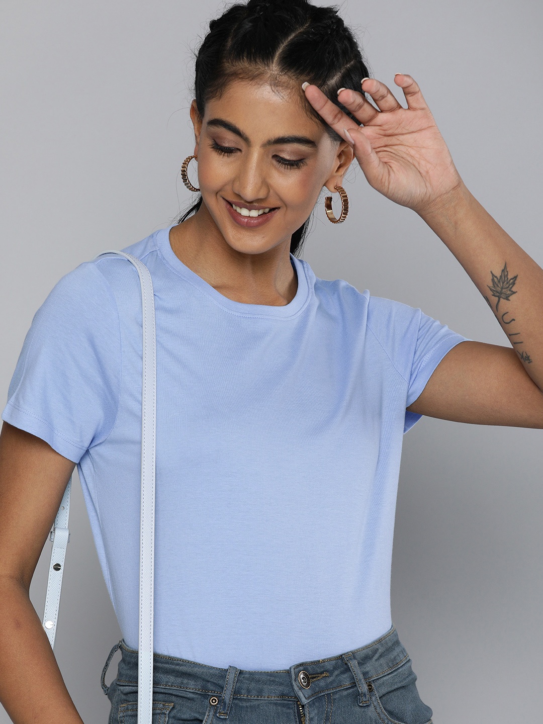 

HERE&NOW Women Blue Solid Pure Cotton T-shirt