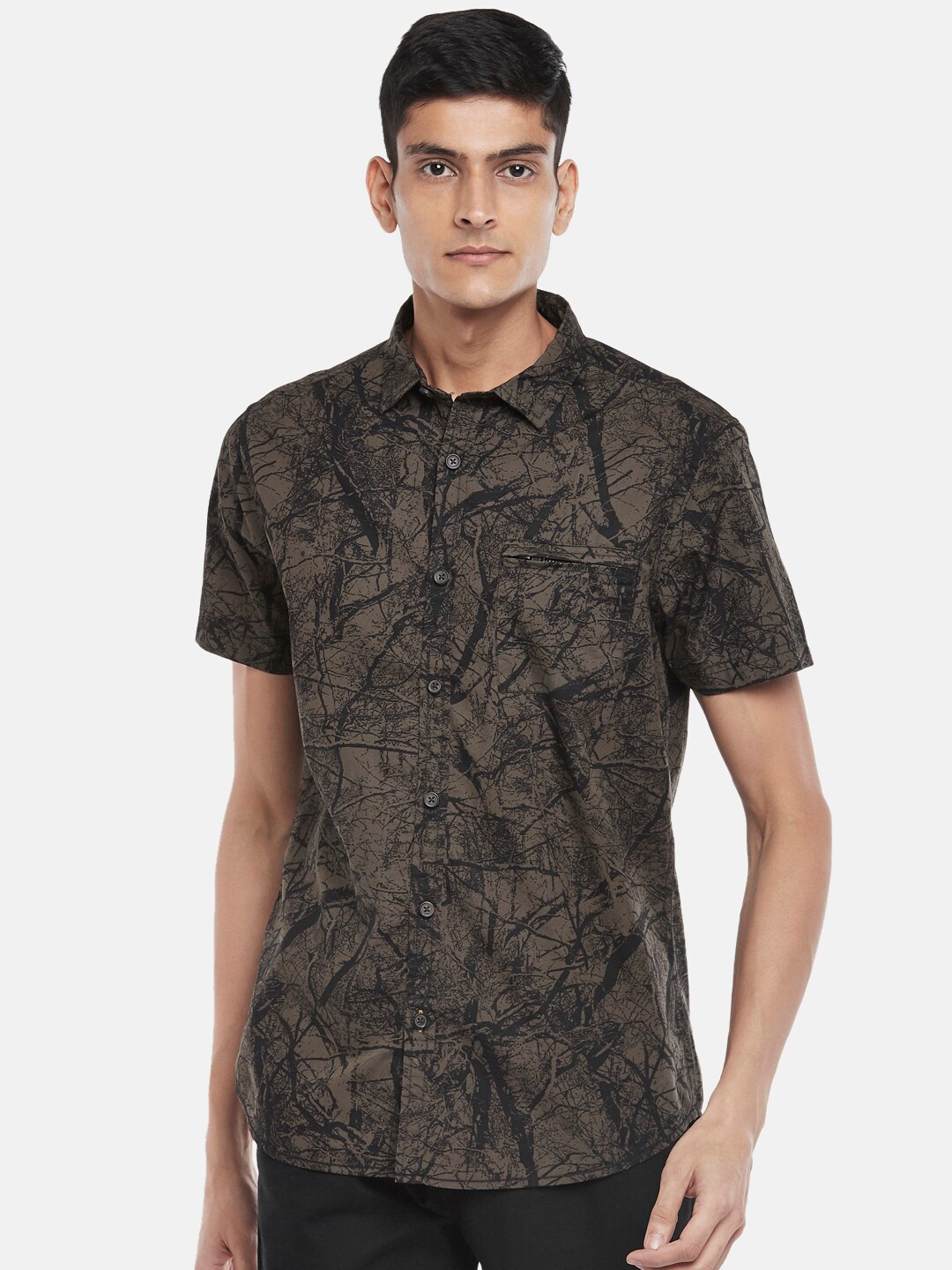 

Urban Ranger by pantaloons Men Olive Green & Black Slim Fit Printed Cotton Casual Shirt