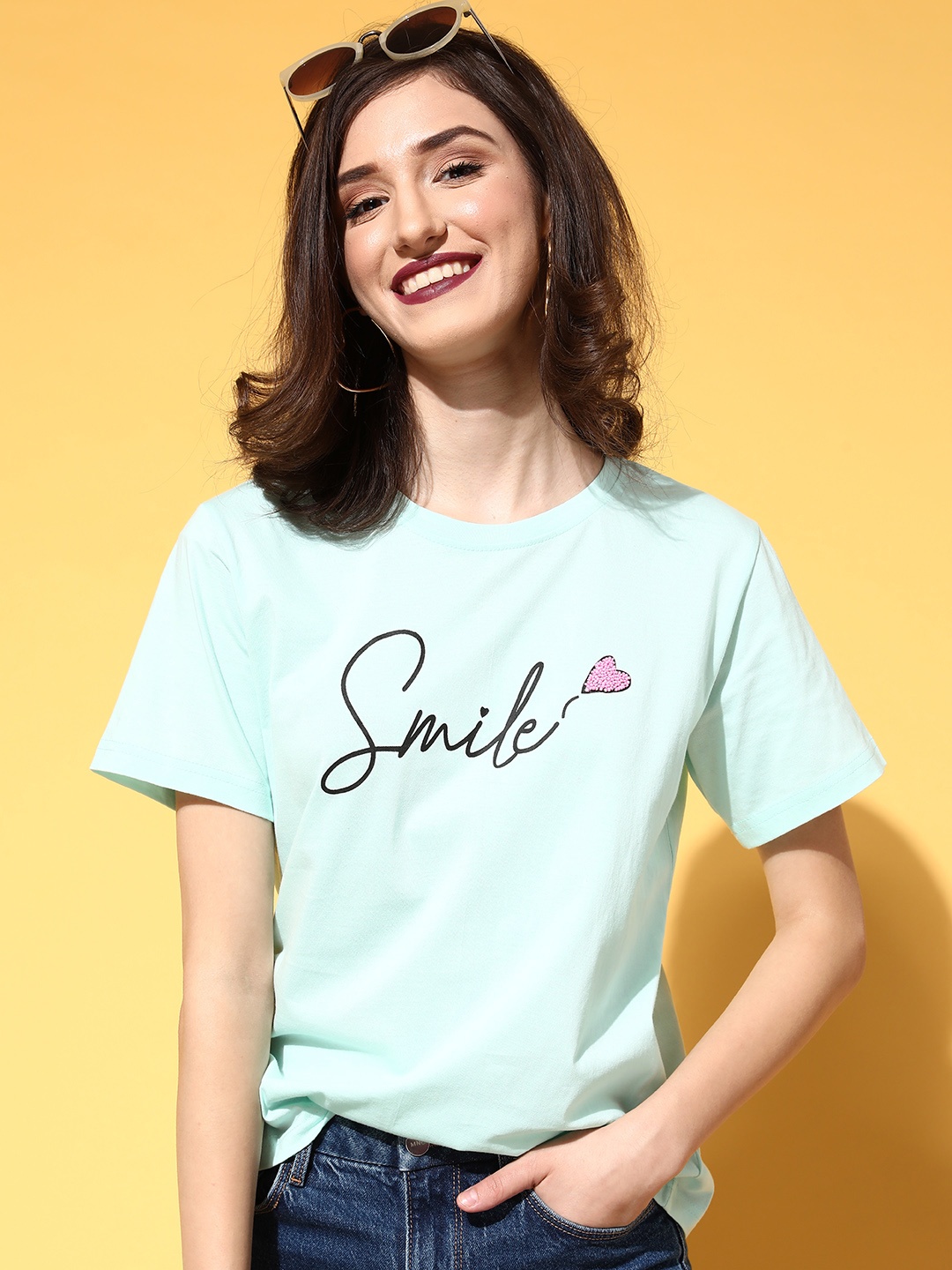 

Antheaa Women Enchanting Sea Green Typography Joyful Conversation Tshirt