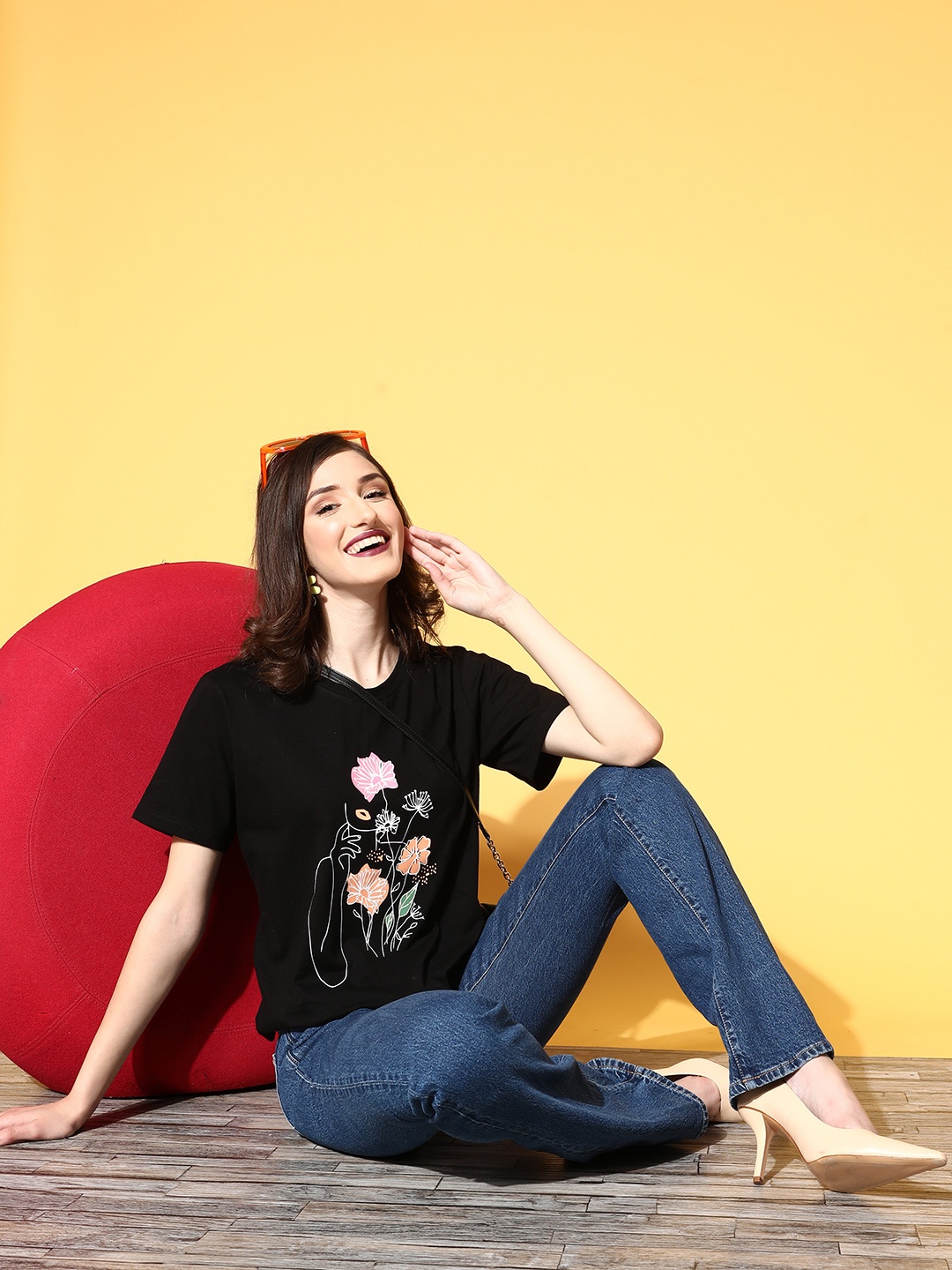 

Antheaa Women Black Floral Joyful Conversation Tshirt