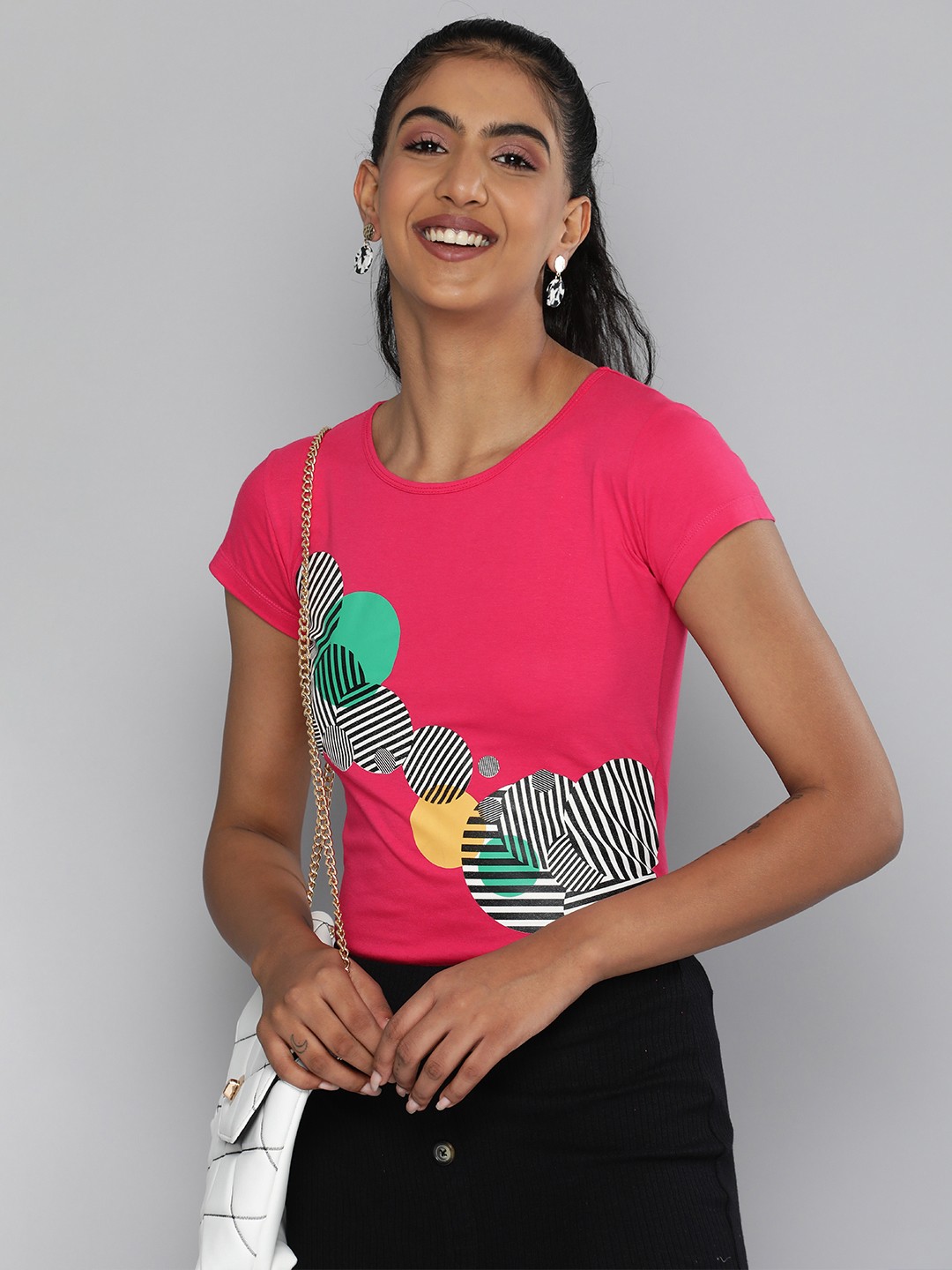 

HERE&NOW Women Pink & White Striped Pure Cotton T-shirt