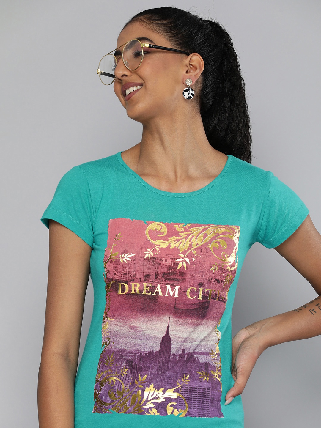 

HERE&NOW Women Blue & Gold-Toned Typography Printed Pure Cotton T-shirt
