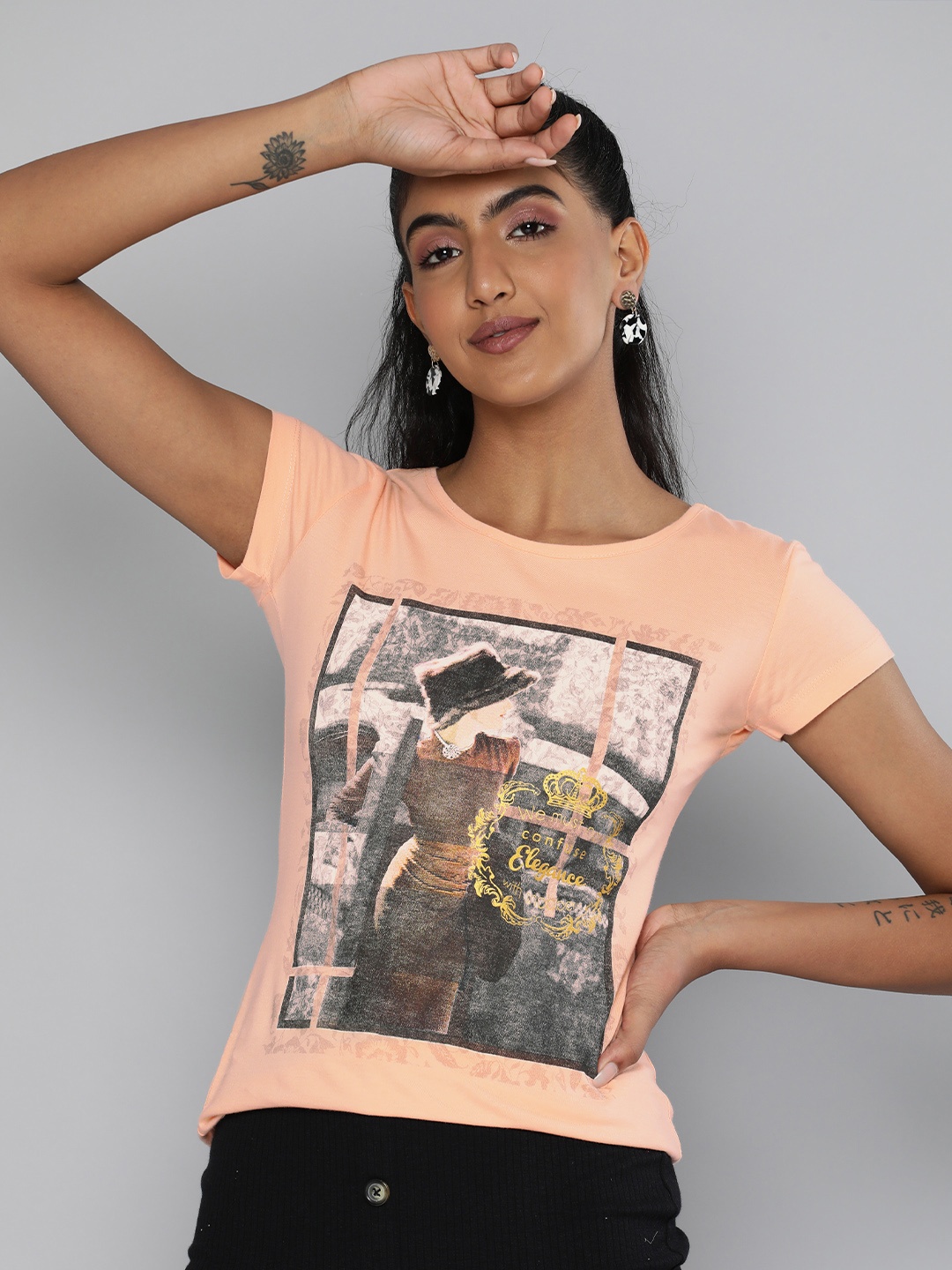 

HERE&NOW Women Peach-Coloured & Grey Printed Pure Cotton T-shirt