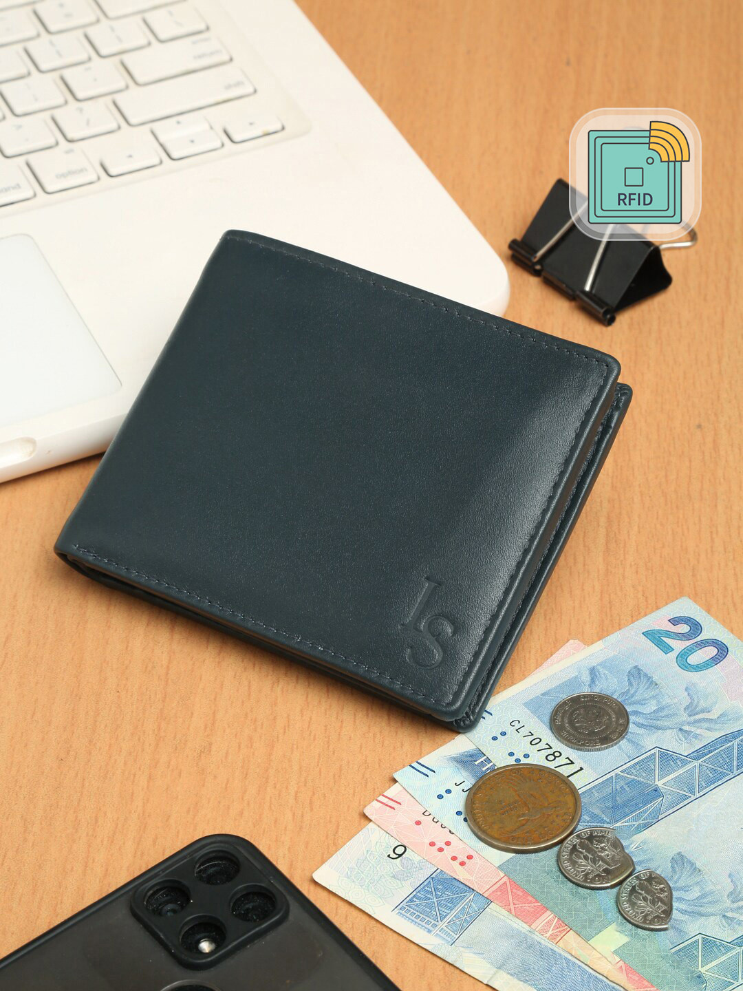 

LOUIS STITCH Men Turquoise Blue Leather Two Fold Wallet