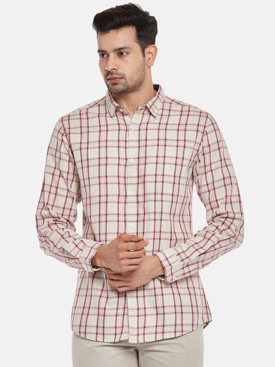 

BYFORD by Pantaloons Men Beige Slim Fit Checked Casual Shirt