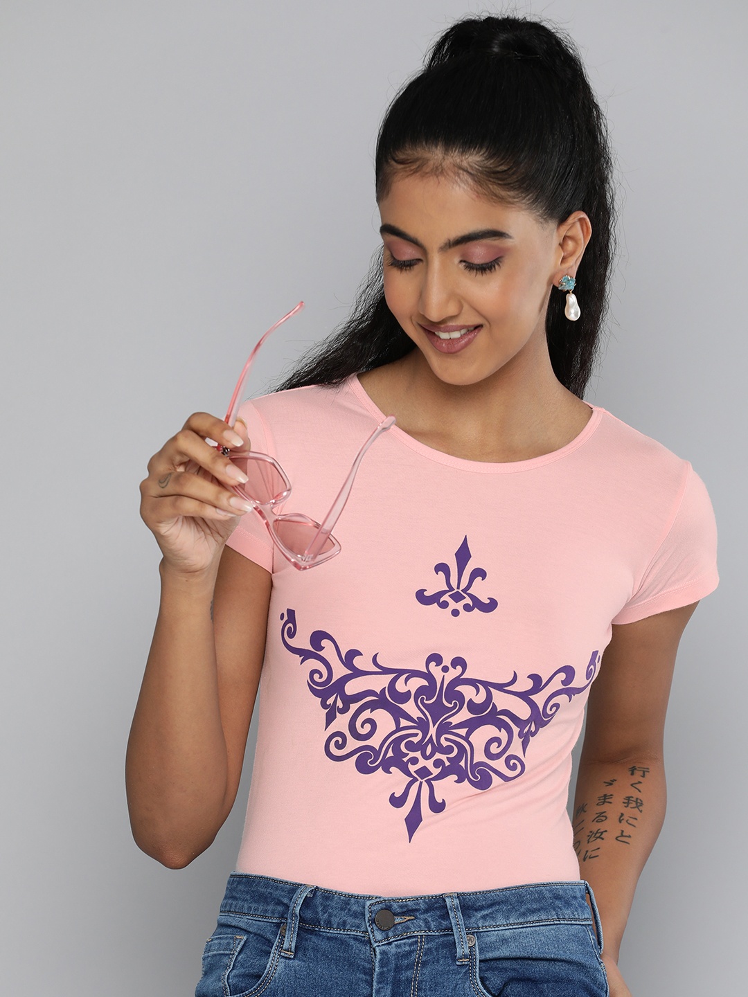 

HERE&NOW Women Peach-Coloured & Purple Printed Pure Cotton T-shirt