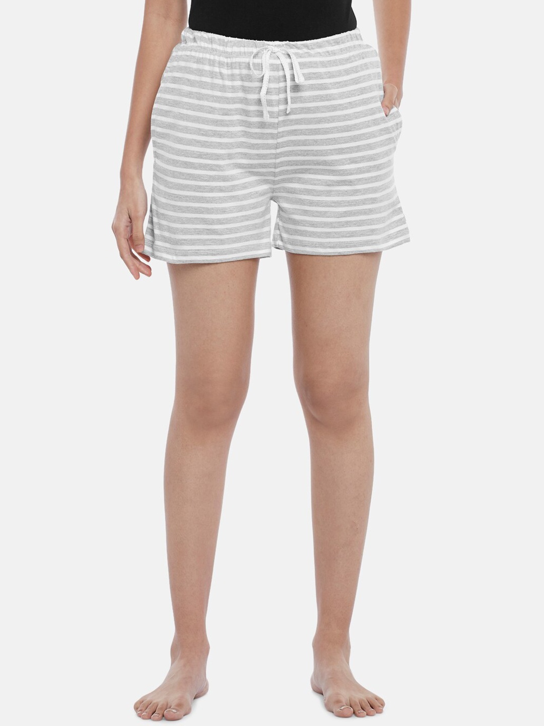 

Dreamz by Pantaloons Women Grey & White Striped Cotton Lounge Shorts