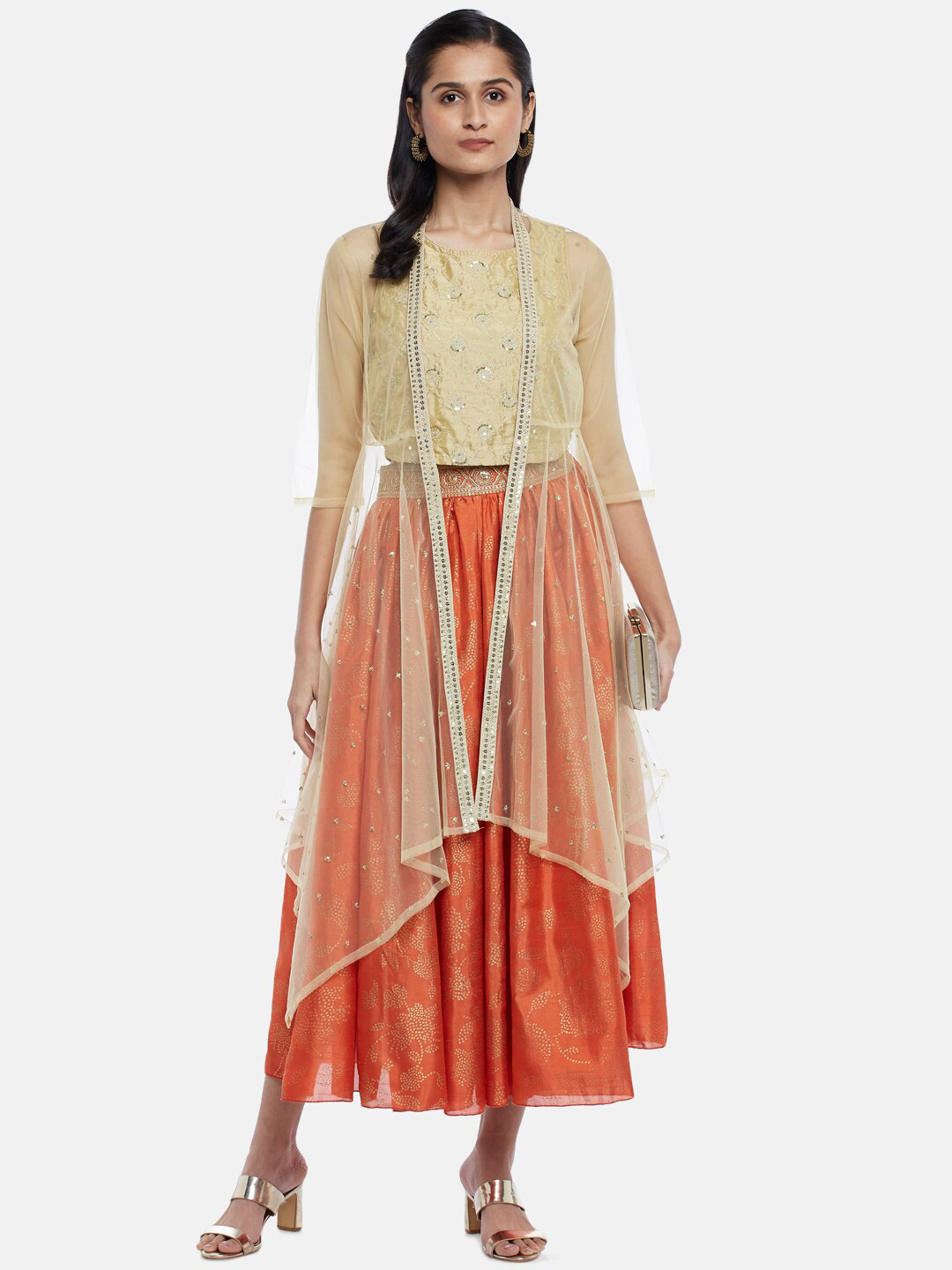 

AKKRITI BY PANTALOONS Women Gold-Toned & White Ethnic Longline Shrug
