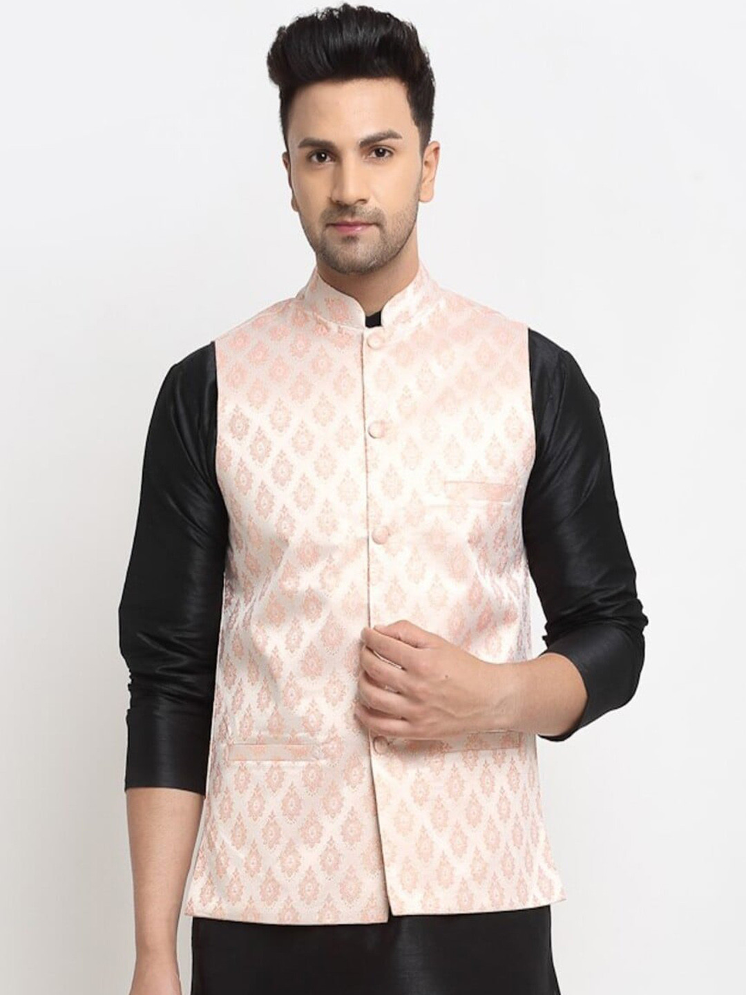 

Kaifoo Men Pink Woven Design Nehru Jacket