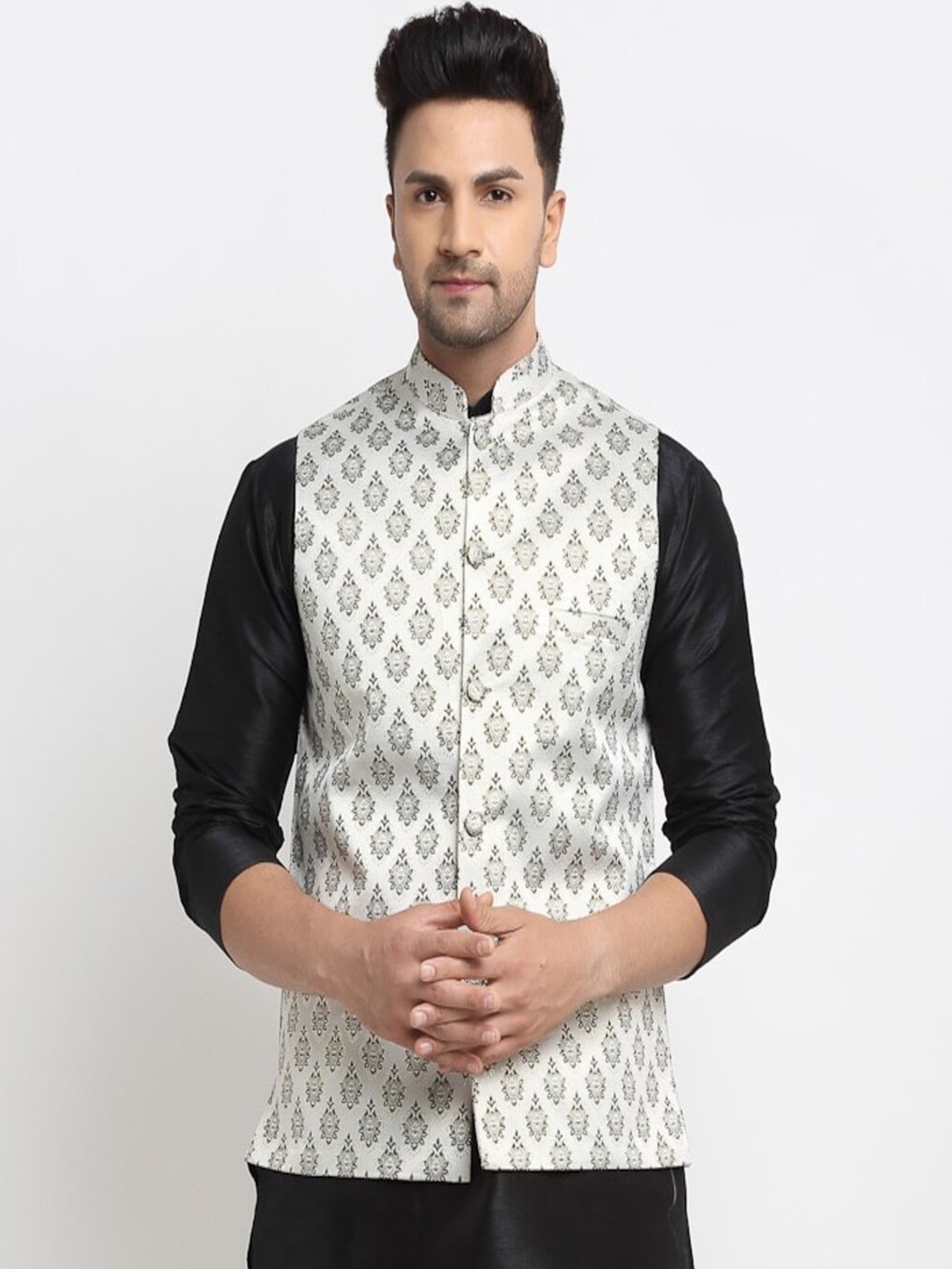 

Kaifoo Men Black & Off-White Woven Design Nehru Jacket.