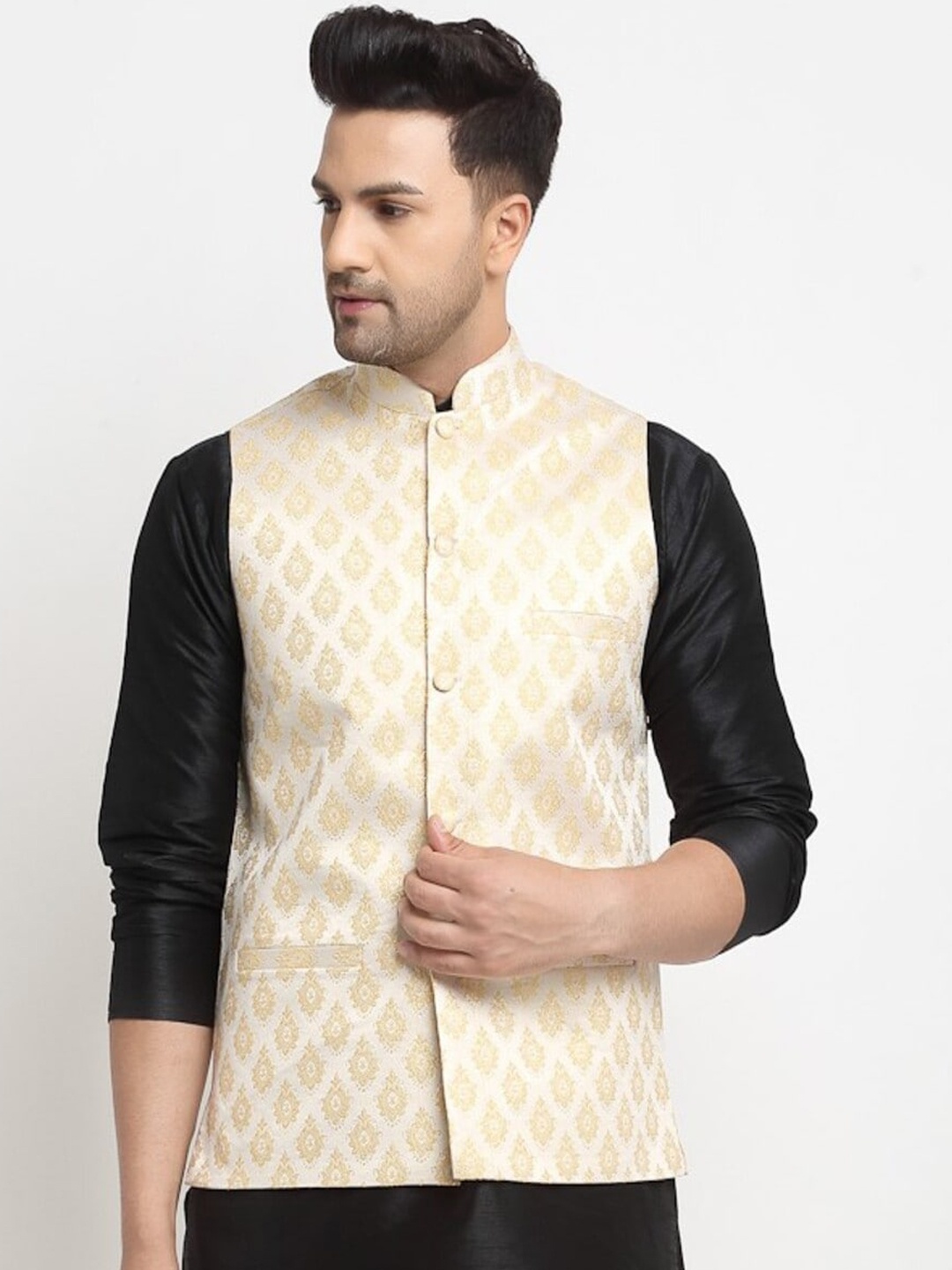 

Kaifoo Men Golden Woven-Design Nehru Jacket, Gold