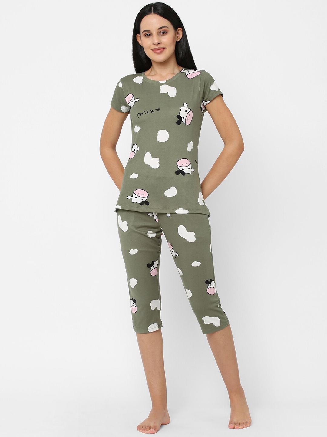 

Sweet Dreams Women Green & White Printed Night Suit