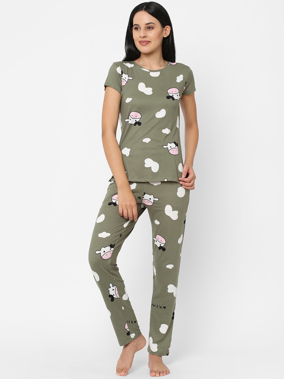 

Sweet Dreams Women Green & Pink Printed Night suit