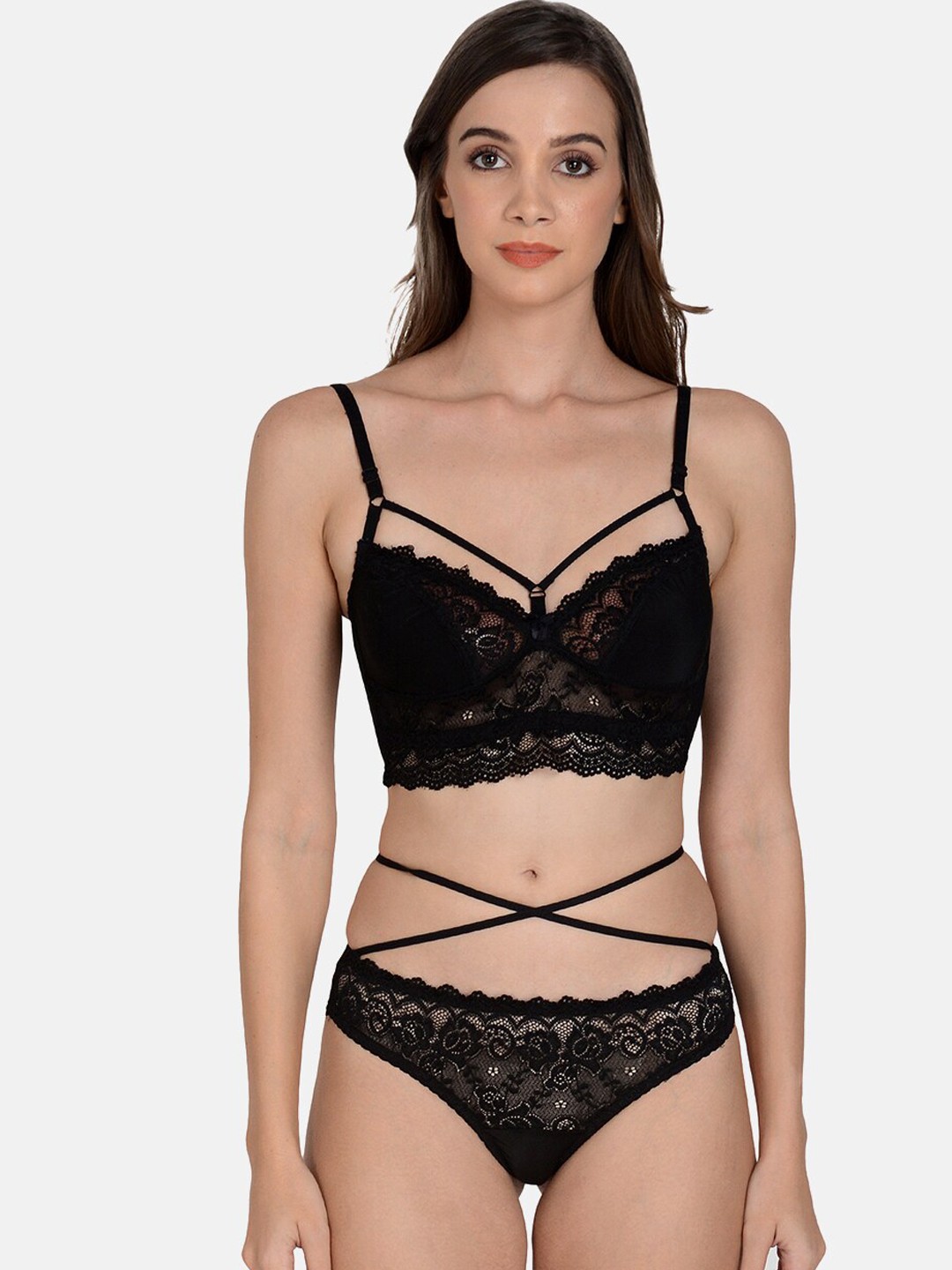 

mod & shy Women Black Self-Design Lingerie Set MS447