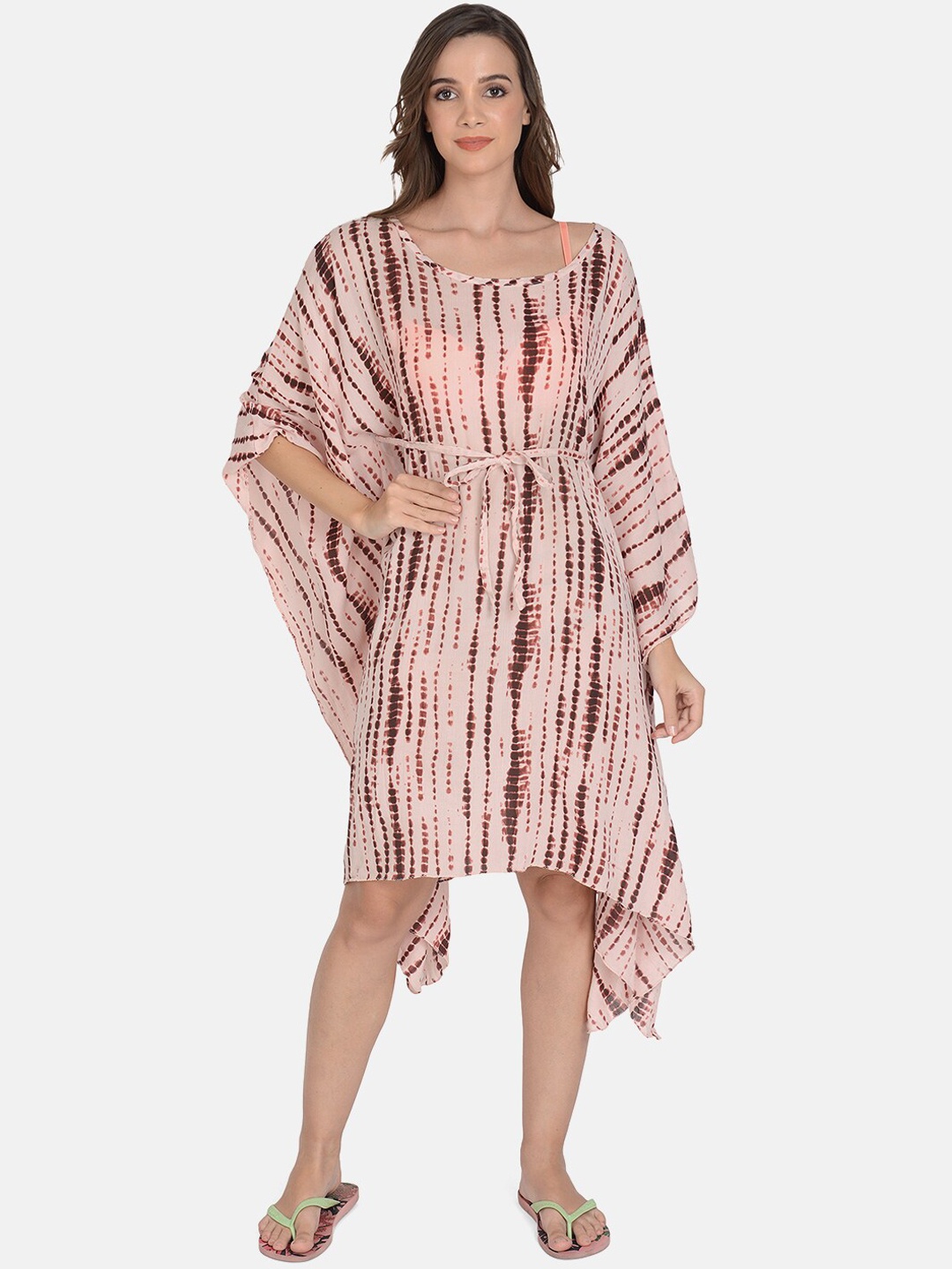 

mod & shy Women Peach-Coloured & Brown Tie & Dye Beach Cover-up Kaftan dress