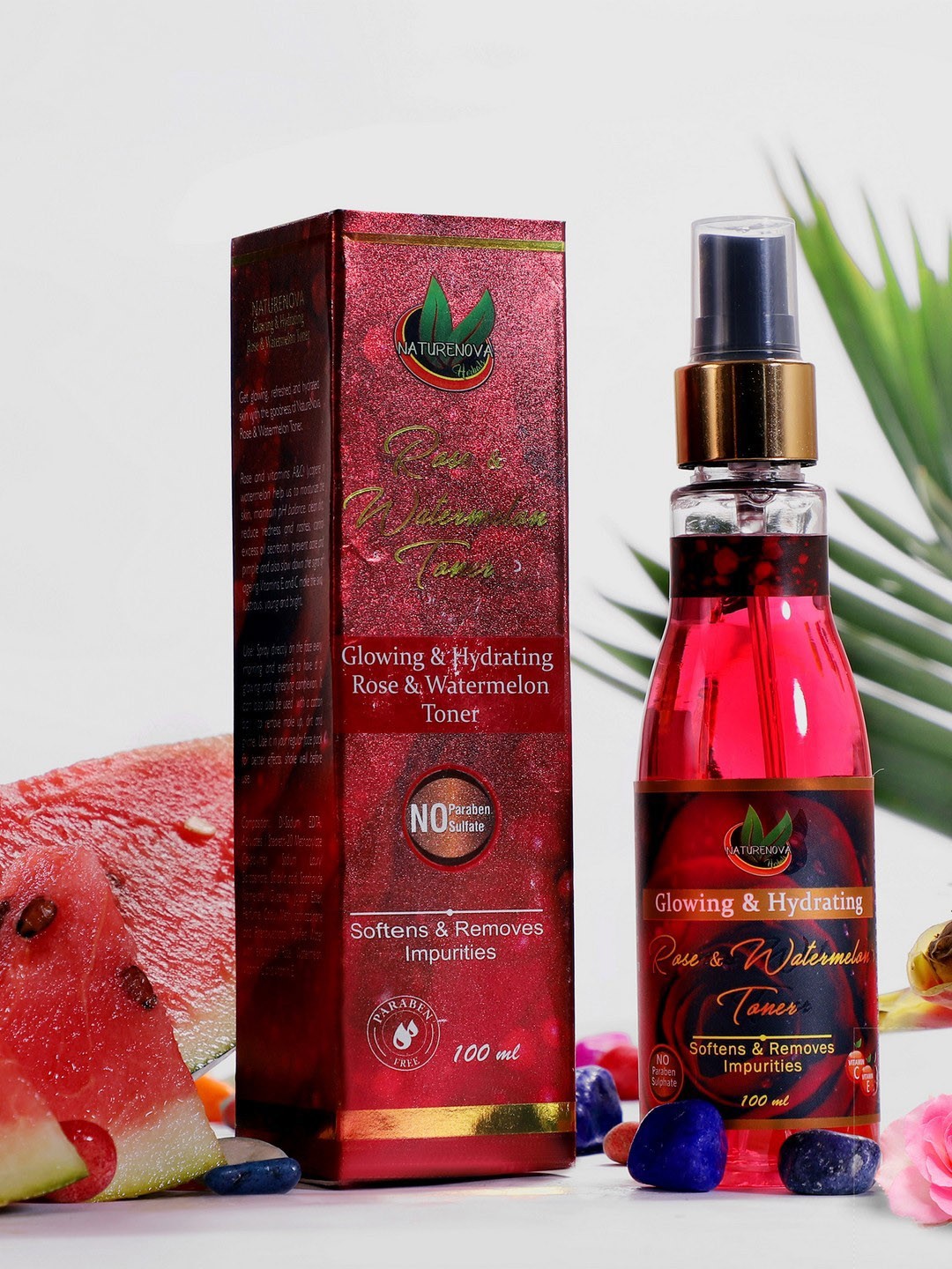 

NatureNova Herbals Glowing and Hydrating Rose & Watermelon Toner - 100ml, Red