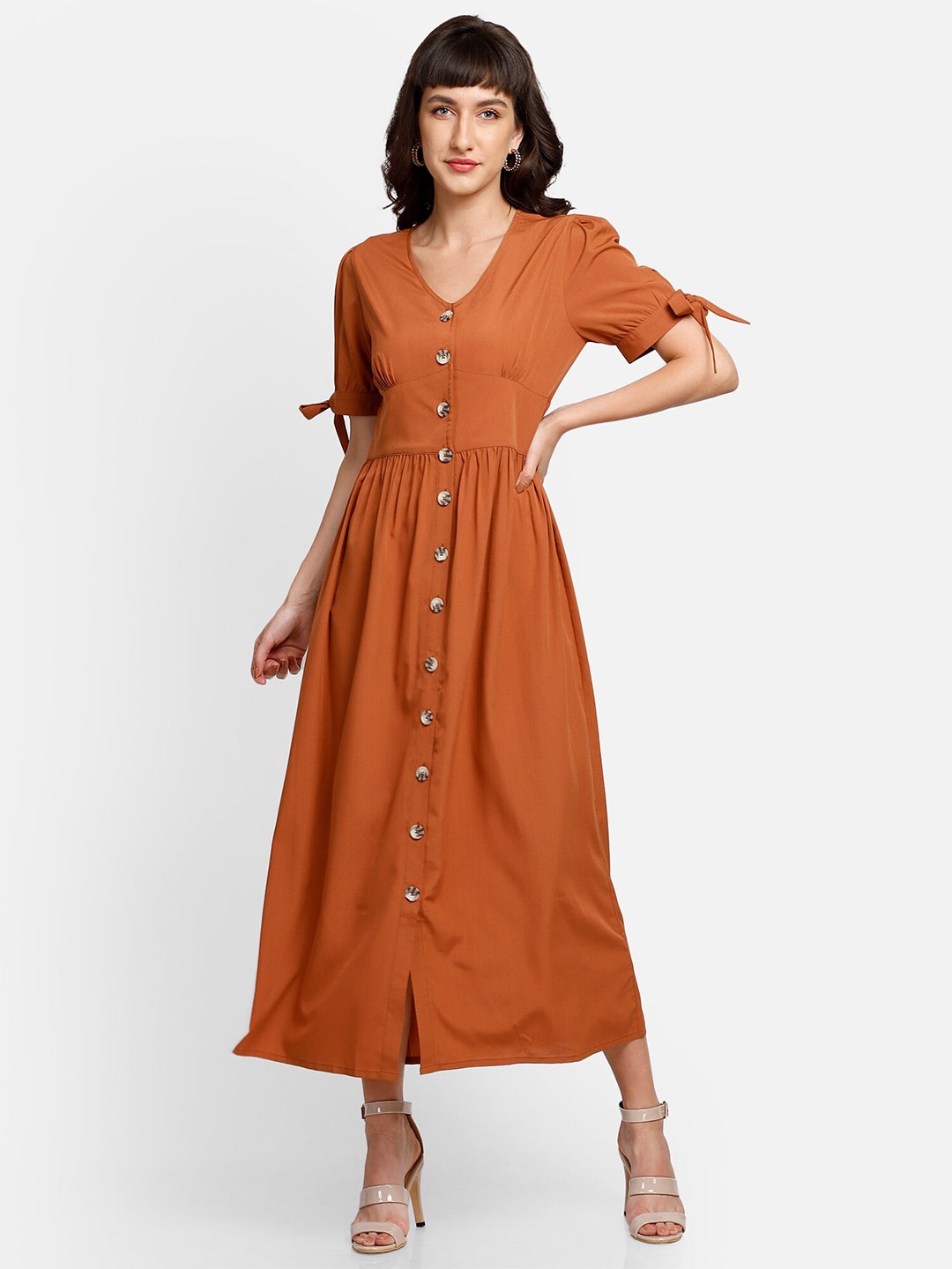 

YOU FOREVER Rust V-Neck Crepe A-Line Maxi Dress