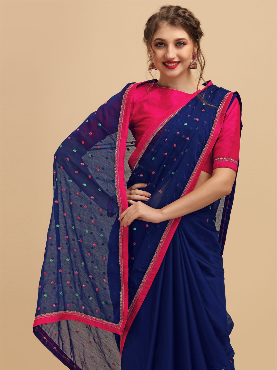 

Sangria Navy Blue & Green Floral Sequinned Silk Blend Saree