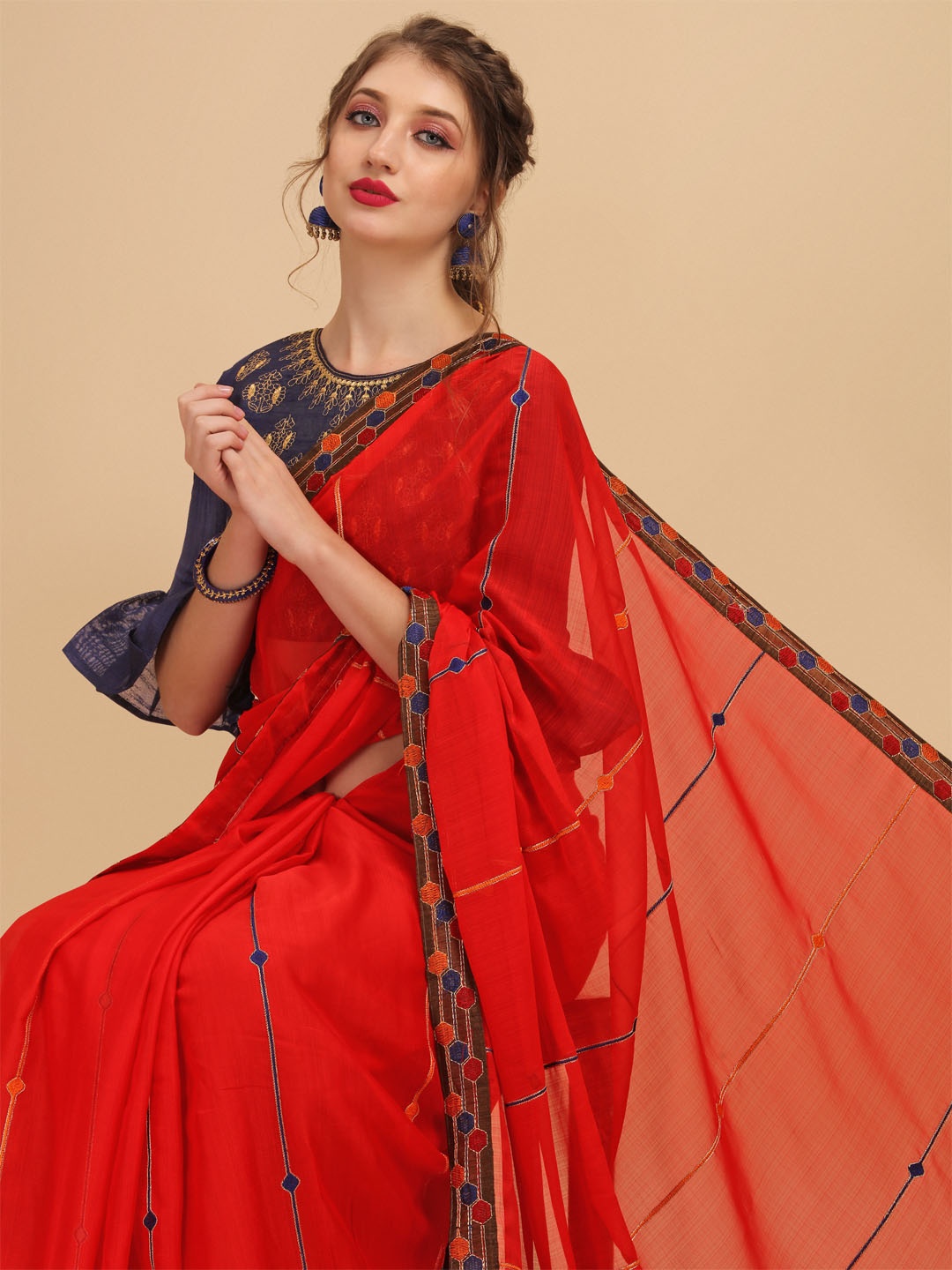 

Sangria Red & Blue Embroidered Silk Blend Saree