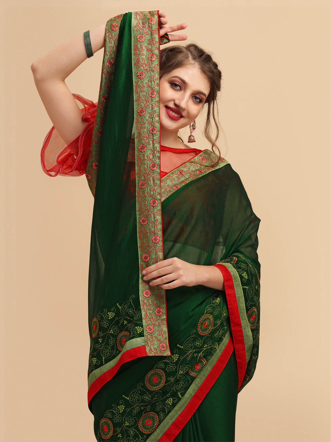 

Sangria Olive Green & Red Floral Embroidered Silk Blend Saree