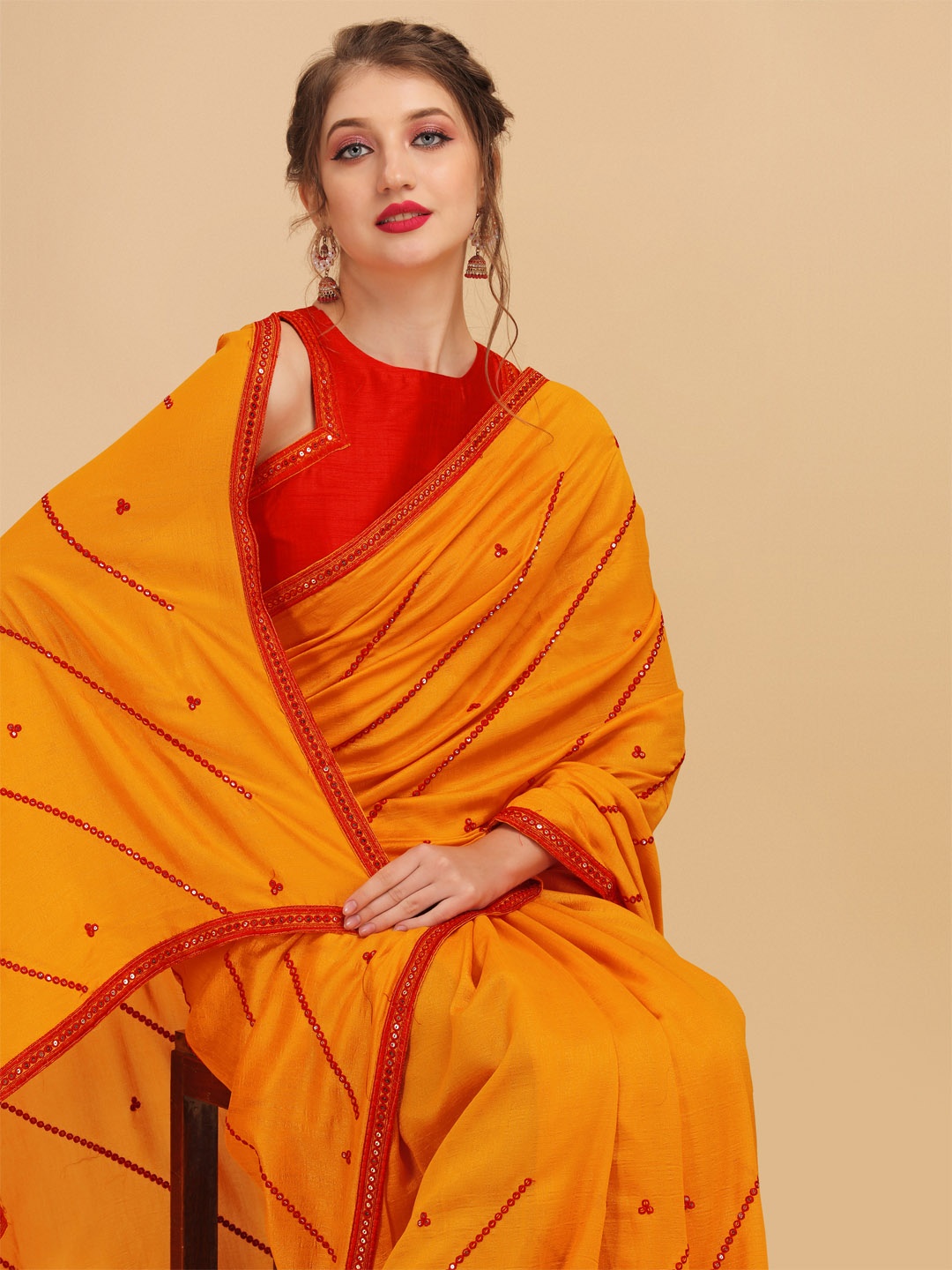 

Sangria Mustard & Red Mirror Work Silk Blend Saree