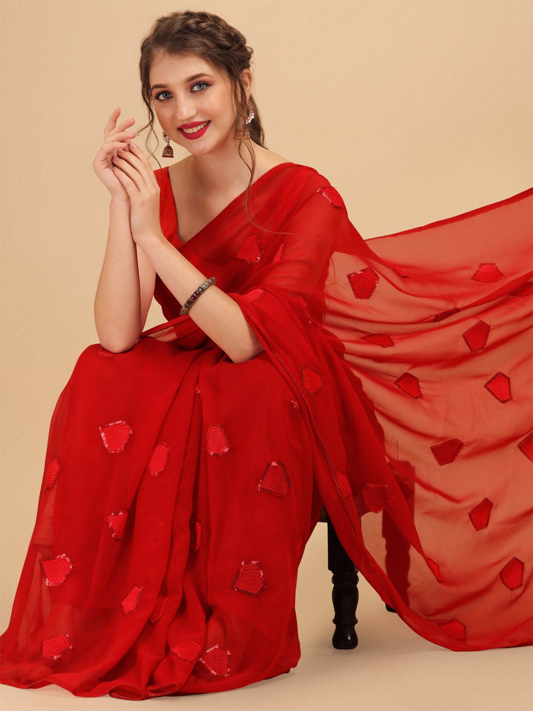 

Sangria Red Sequinned Pure Georgette Saree