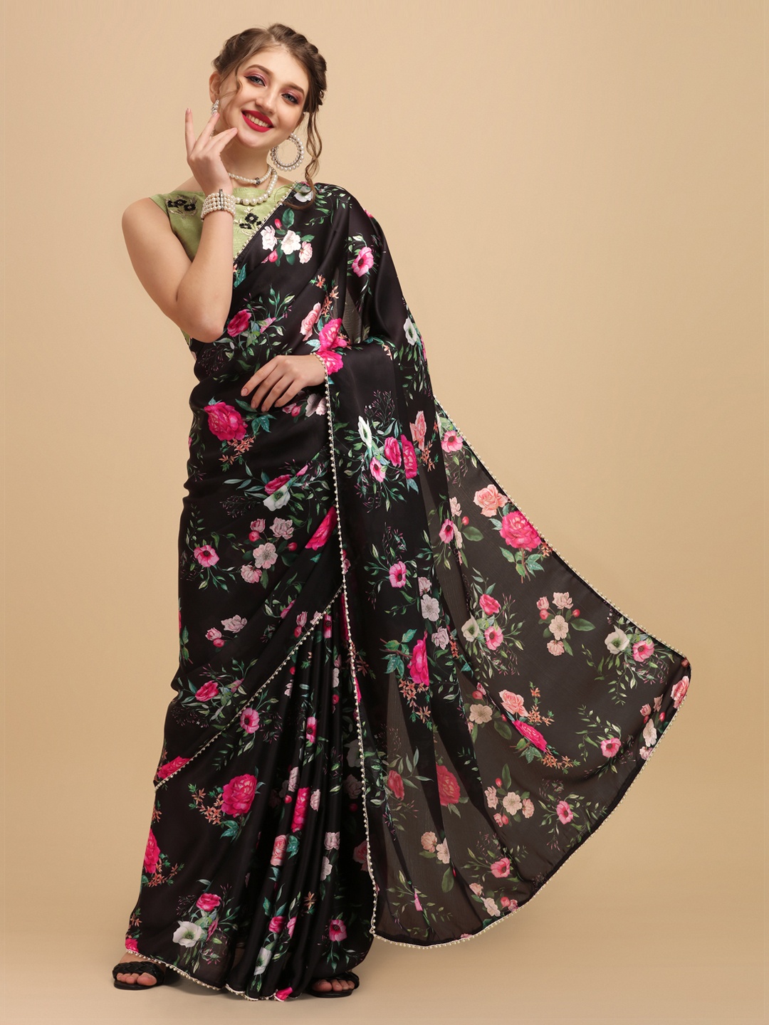 

Sangria Black & Pink Floral Beads and Stones Satin Saree
