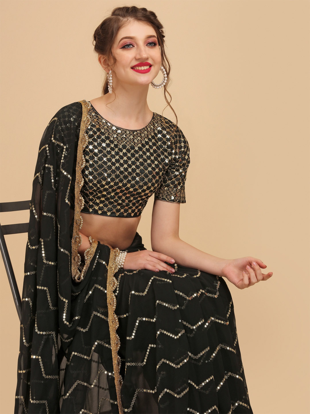 

Sangria Black Embellished Sequinned Pure Georgette Saree