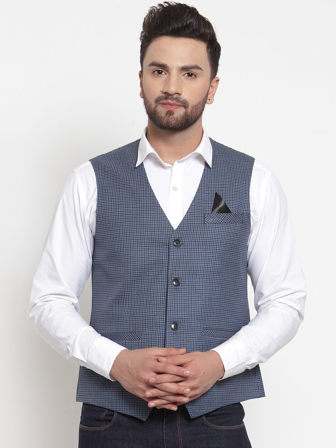 

NEUDIS Men Blue & Black Checked Poly Cotton Waistcoat