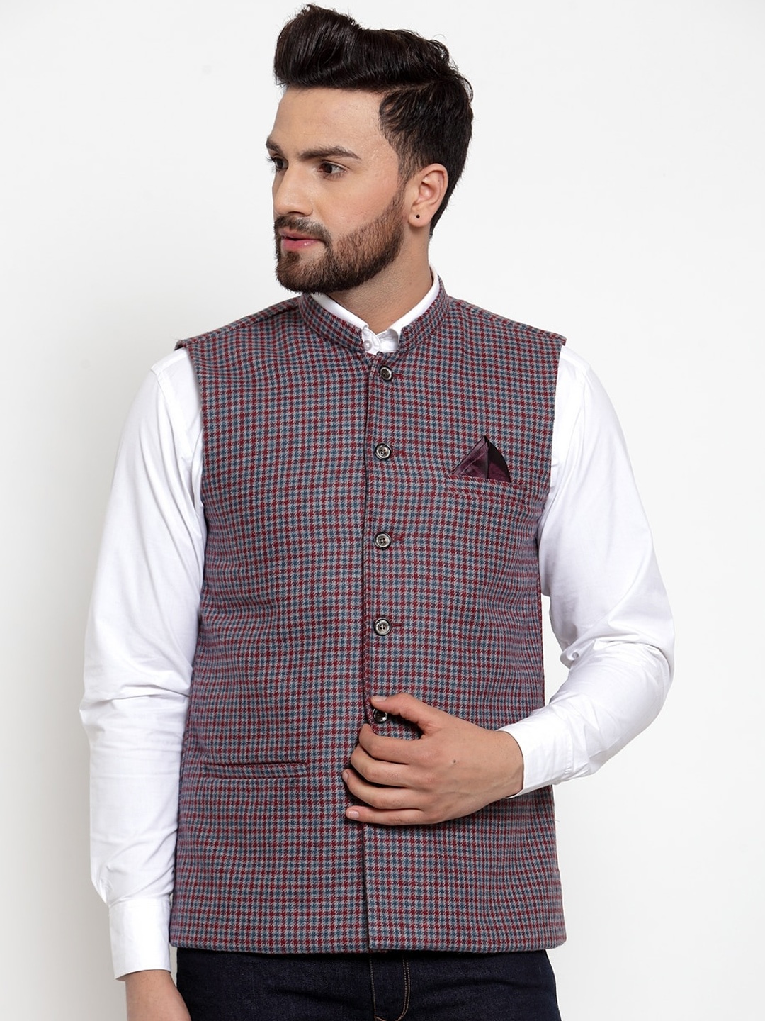 

NEUDIS Men Red and Blue Premium Wool Nehru Jacket