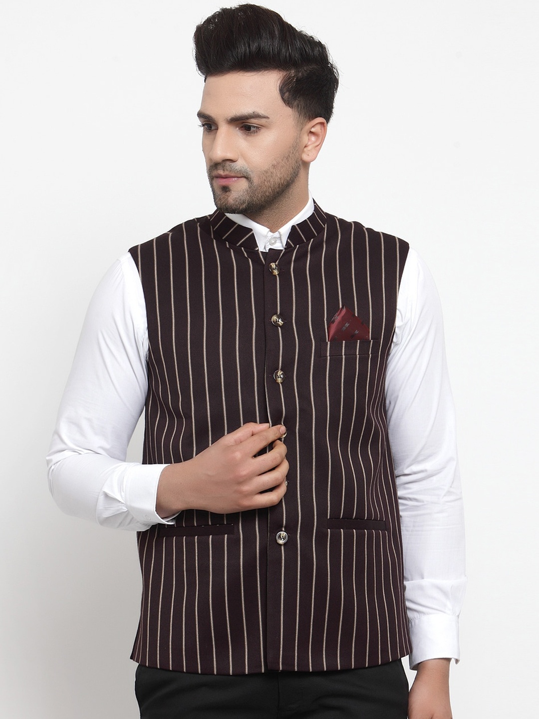 

NEUDIS Men Brown & White Striped Nehru Jacket