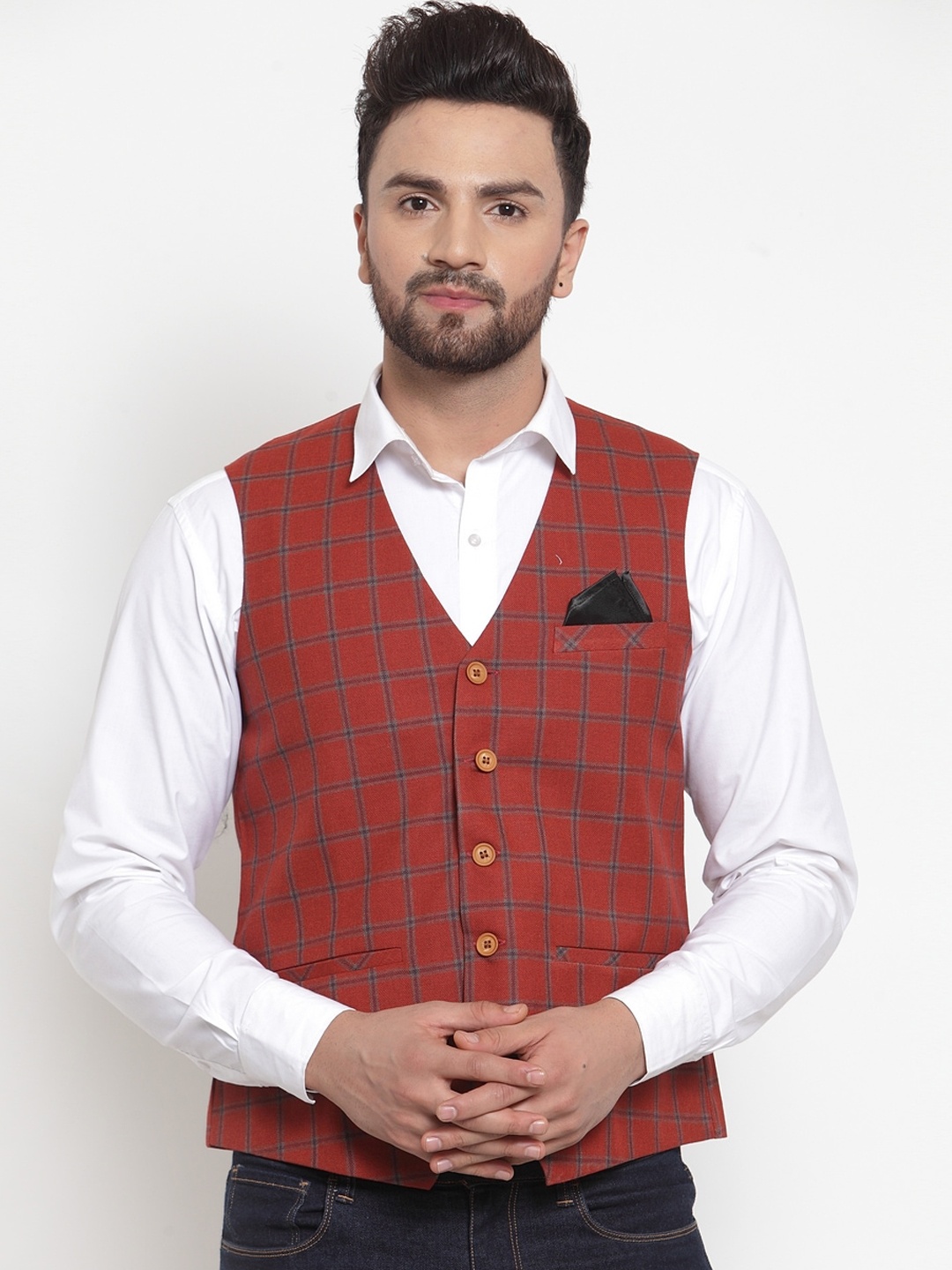 

NEUDIS Men Maroon Checked Waistcoat