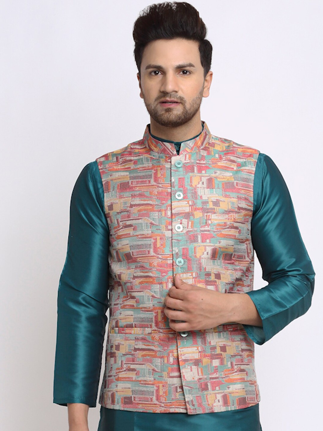 

NEUDIS Multicoloured Satin Jacquard Nehru Jacket, Multi