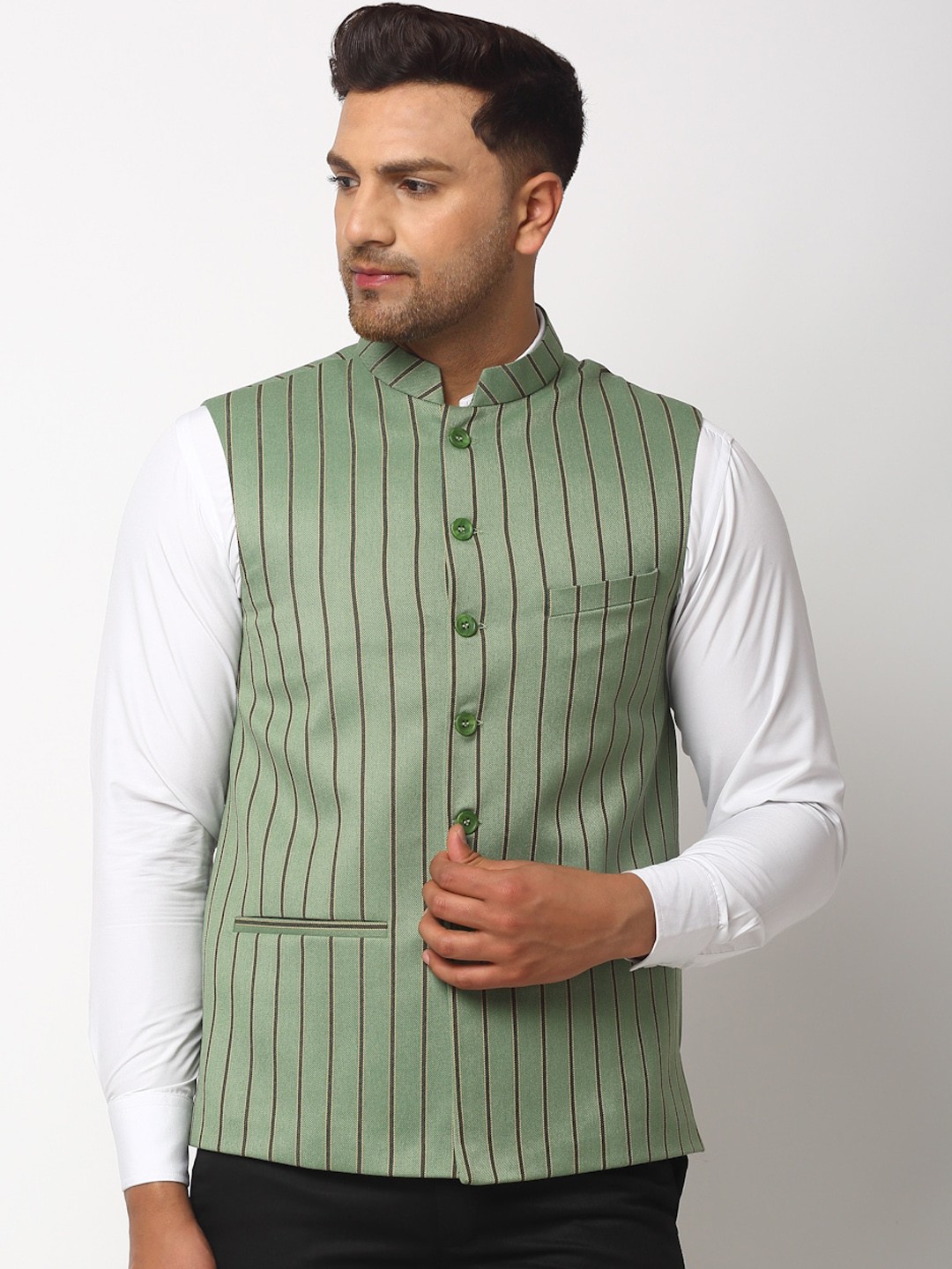 

NEUDIS Men Green Striped Nehru Jackets