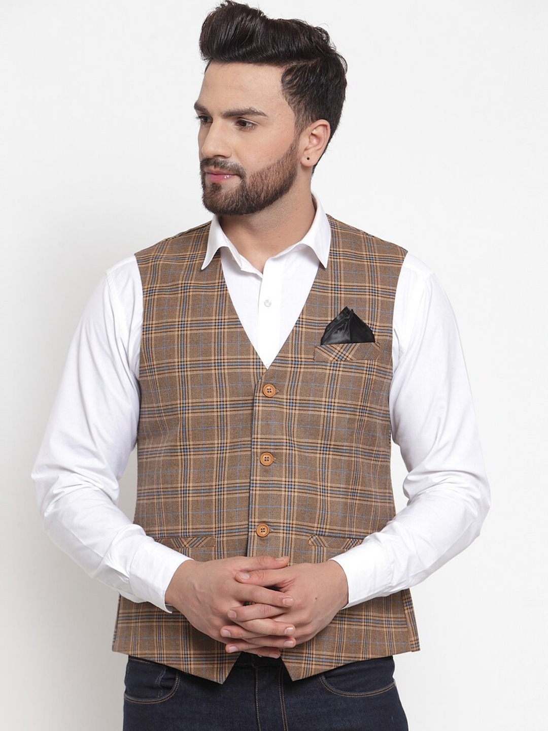 

NEUDIS Men Brown Checked Woven Waistcoat