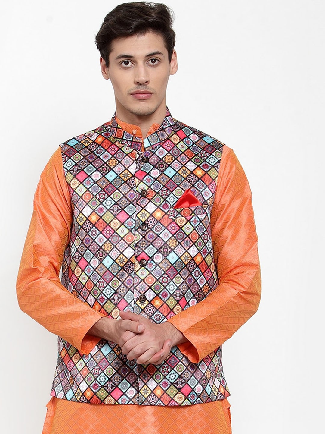 

NEUDIS Men Multicoloured Printed Satin Nehru Jacket, Multi