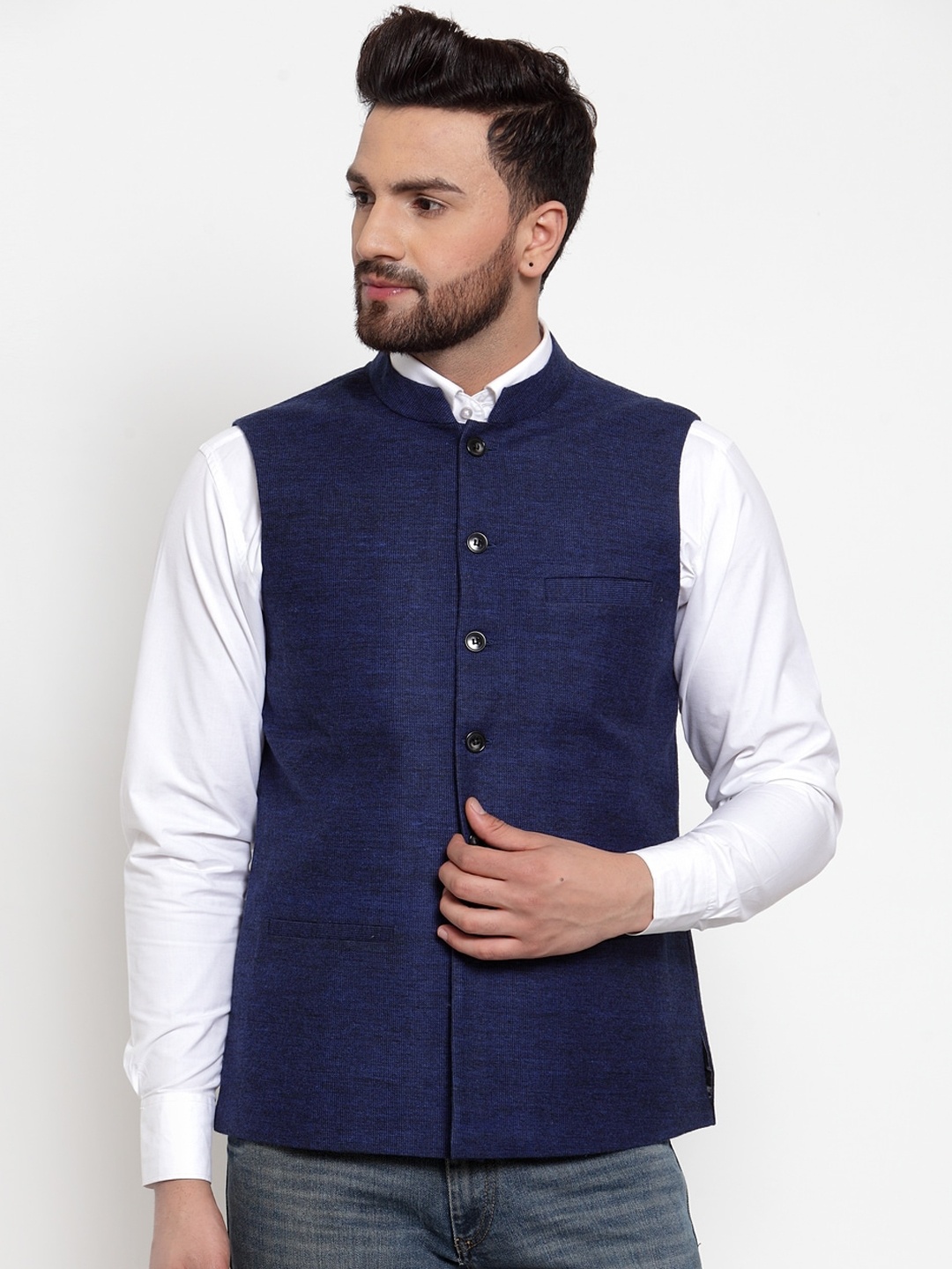 

NEUDIS Men Blue Solid Woven Nehru Jackets