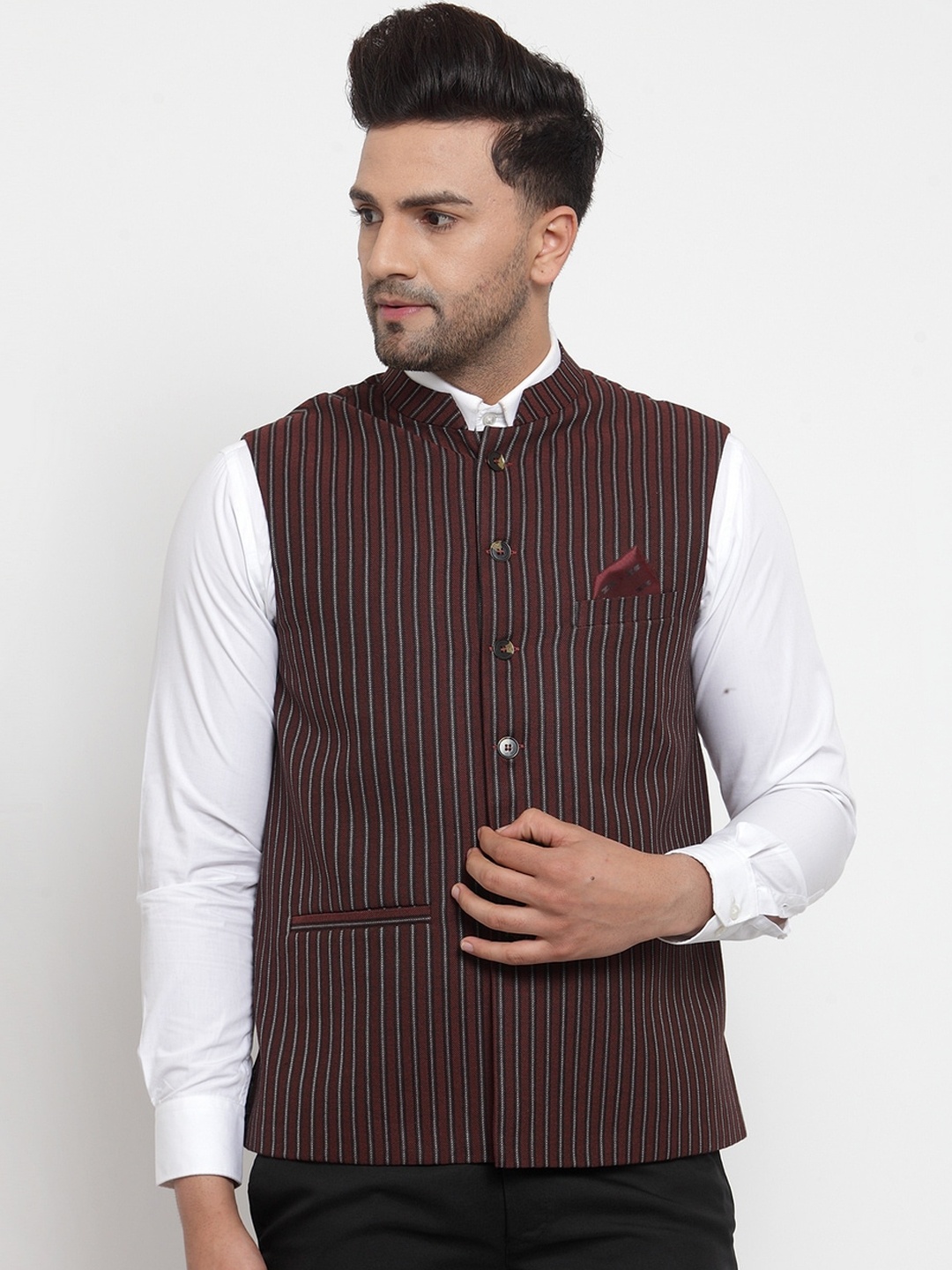 

NEUDIS Men Peach-Coloured & Brown Striped Woven Nehru Jacket