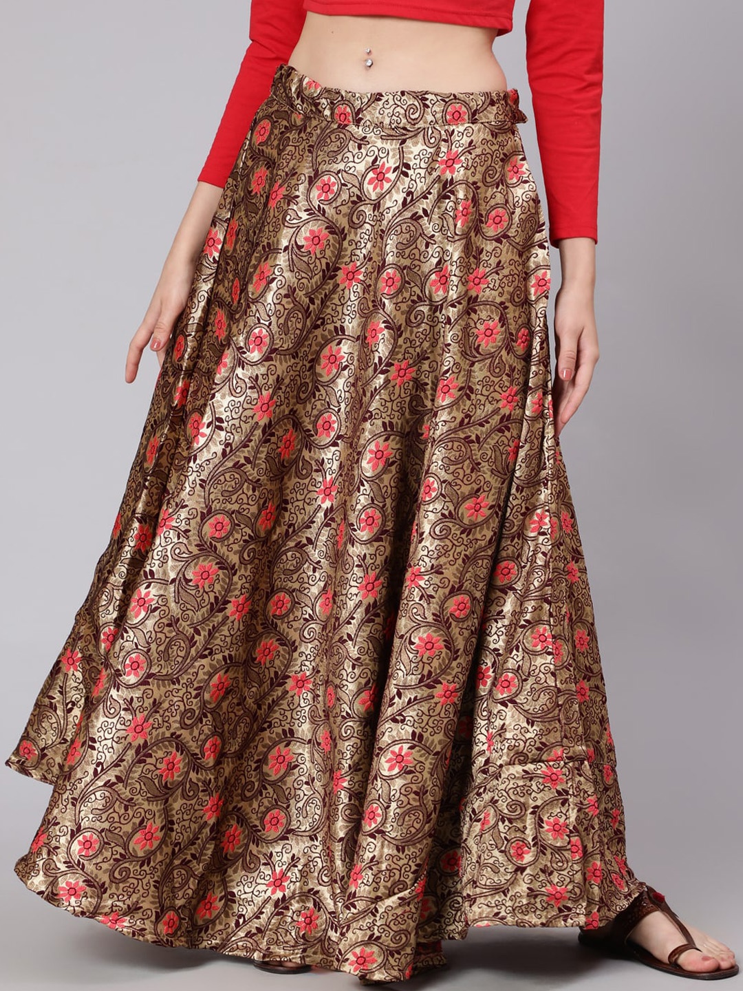 

Awadhi Women Gold-Coloured & Brown Brocade Self Design Maxi Skirt