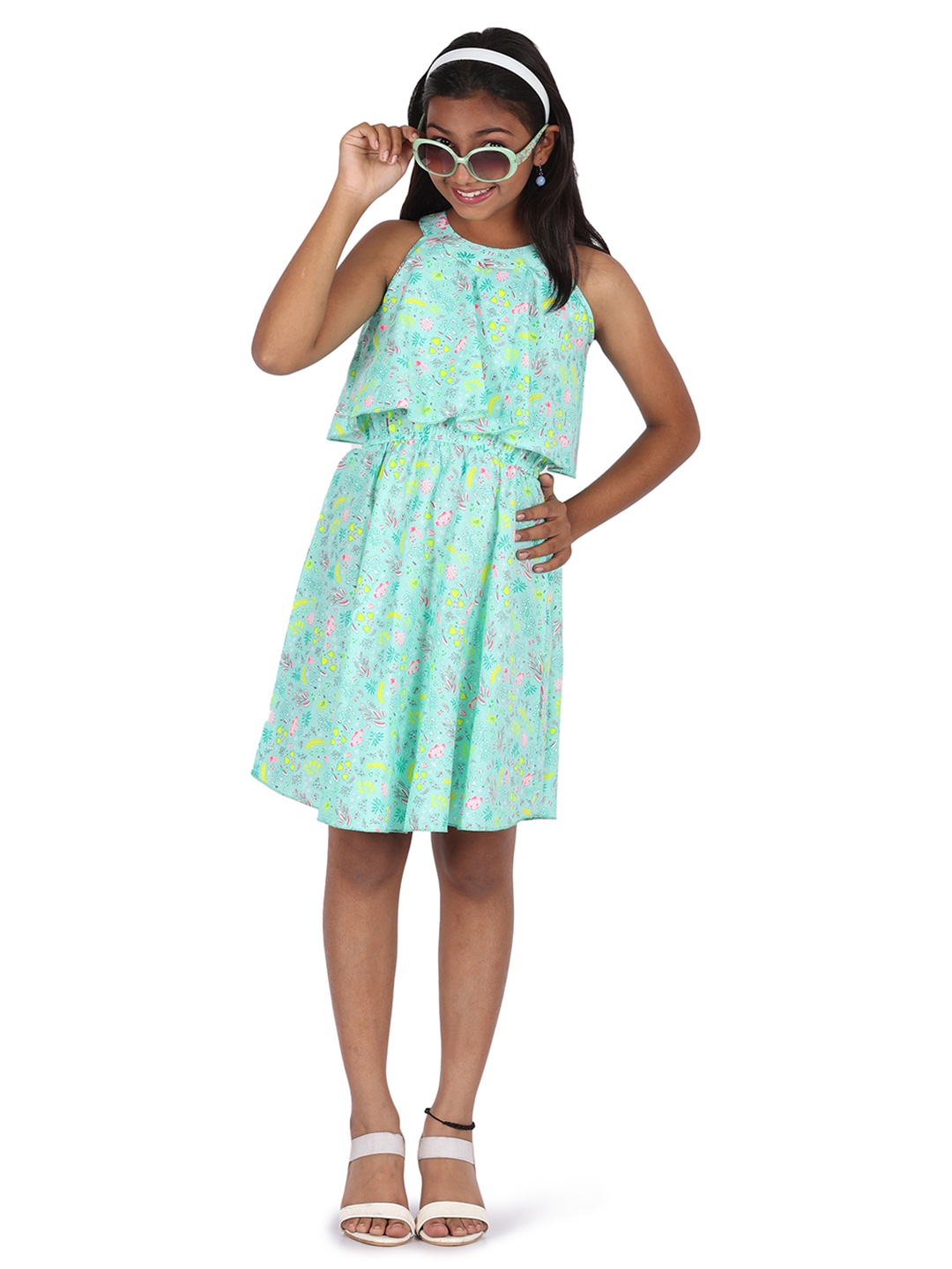 

Blooming flowers Girls Green Floral Pure Cotton Dress