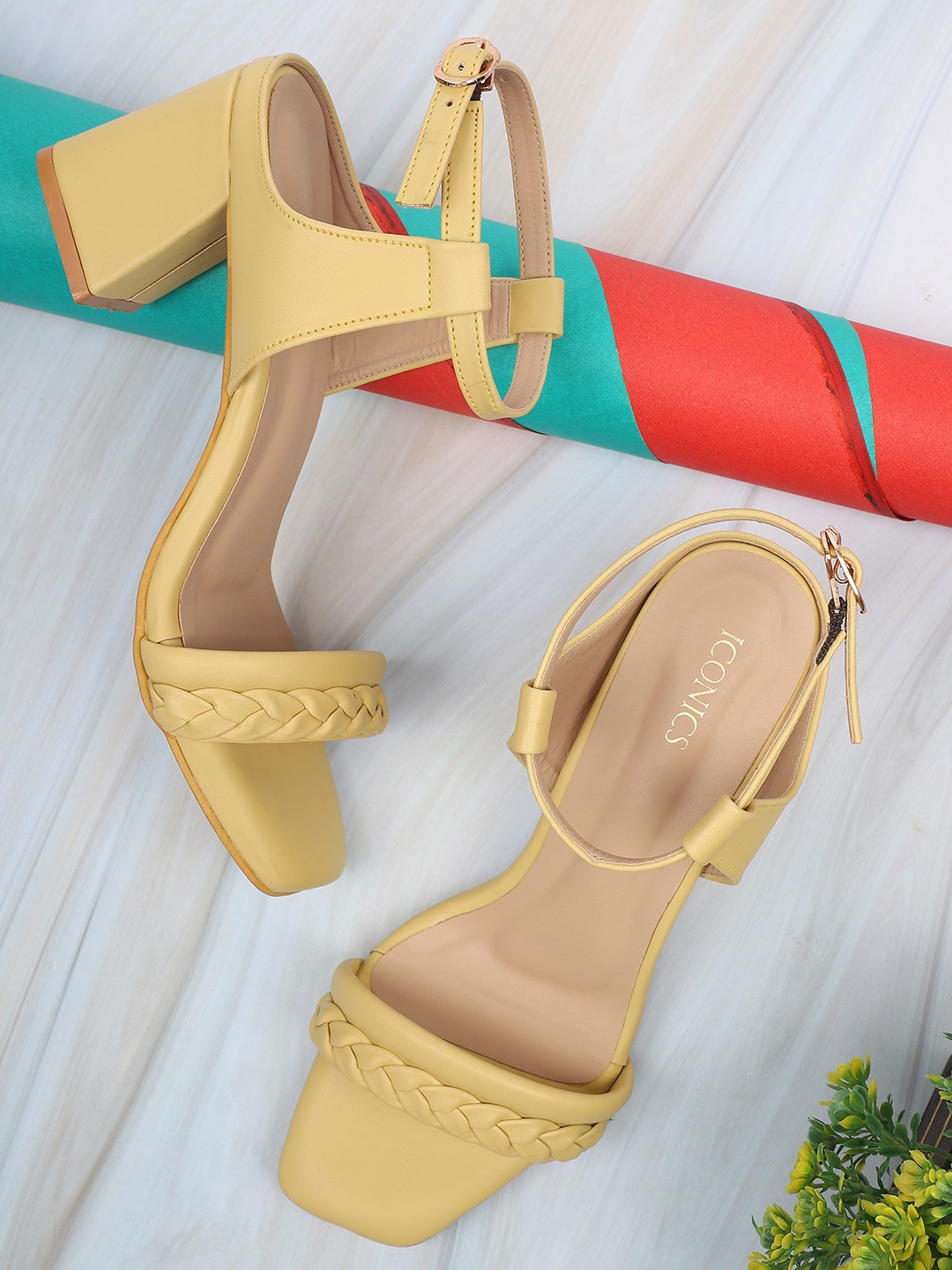 

ICONICS Yellow Colourblocked Block Pumps with Buckles