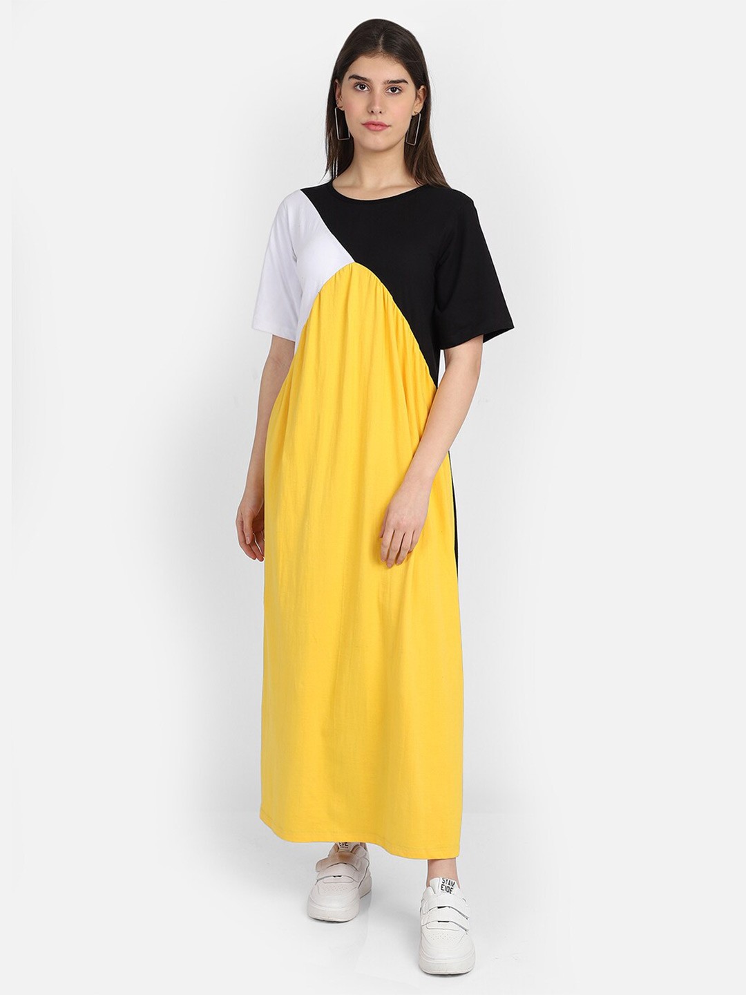 

MARZENI Women Yellow & Black Colourblocked Maxi Dress