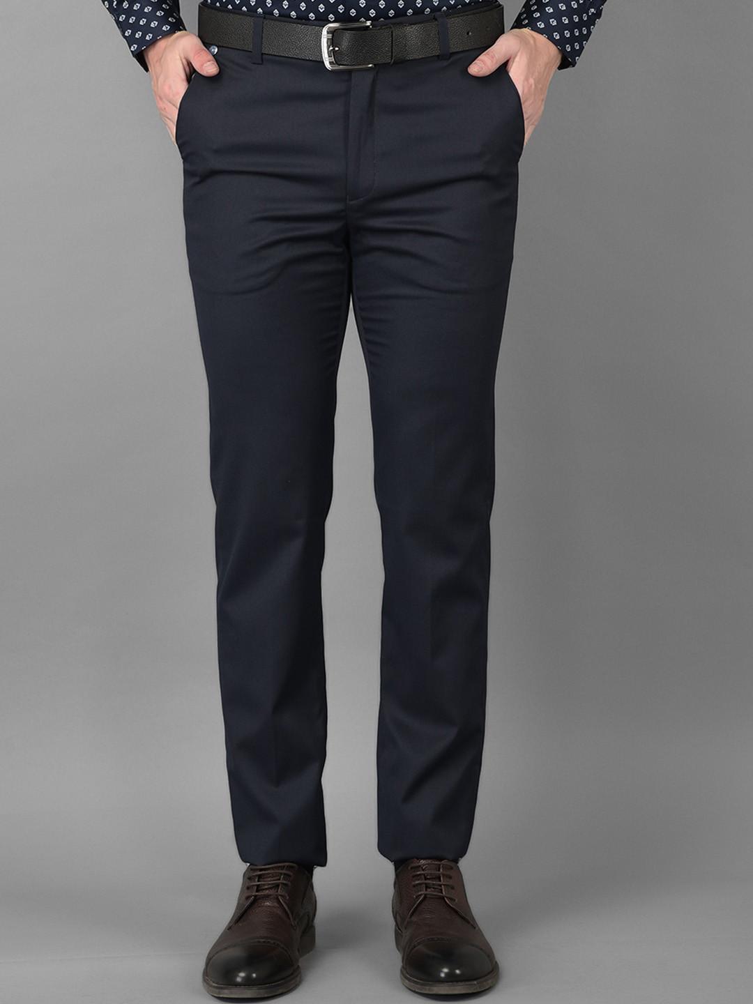 

Canary London Men Navy Blue Smart Slim Fit Wrinkle Free Trousers